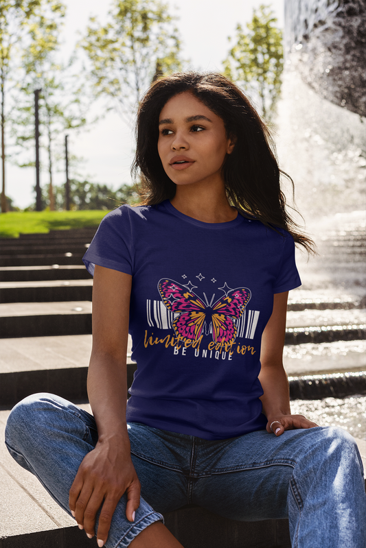 Fashionable Royal Blue Crew Tee – ‘Limited Edition’ with Trendy Butterfly Print