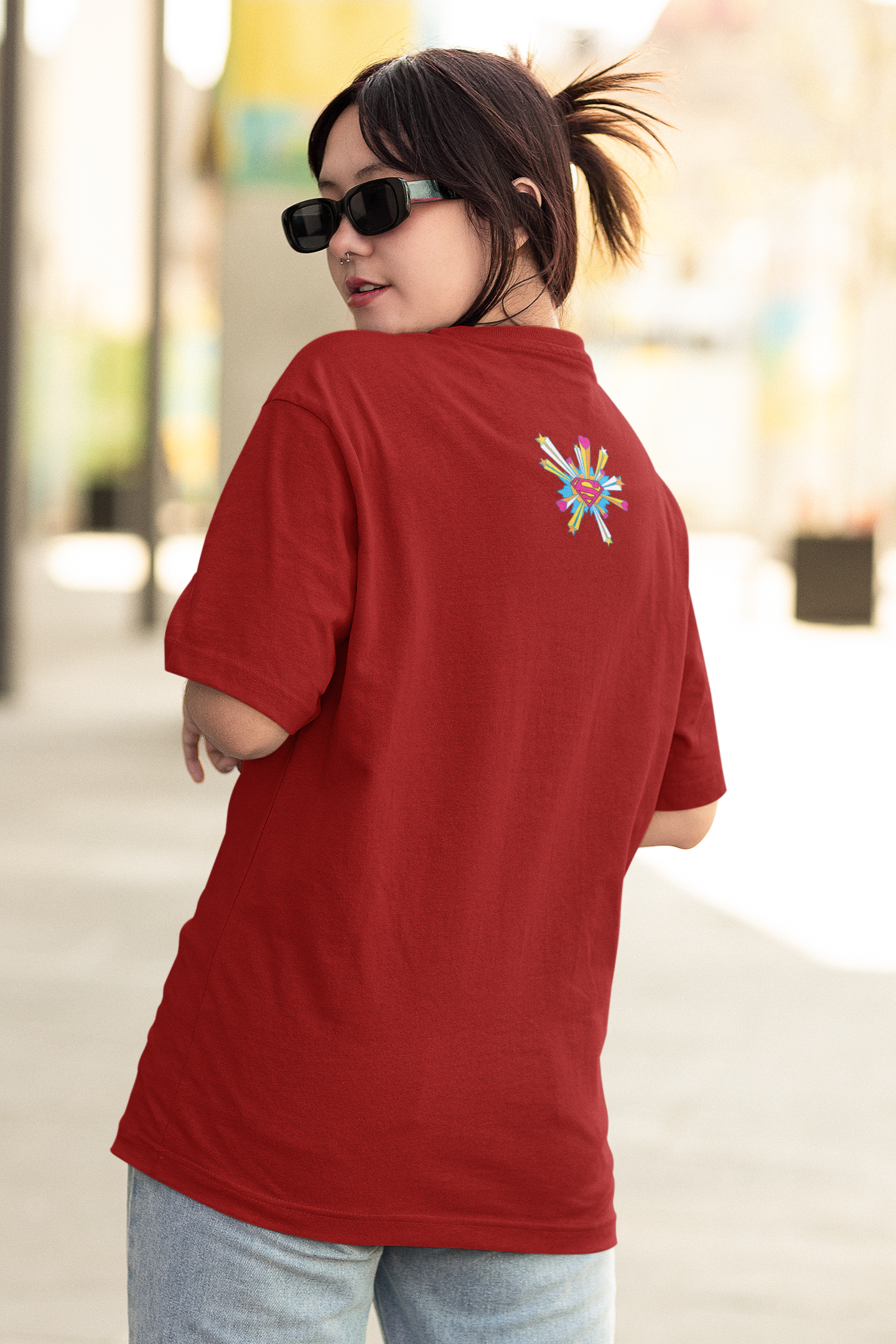 Red Oversized Unisex T-shirt With Comic Super Girl Print