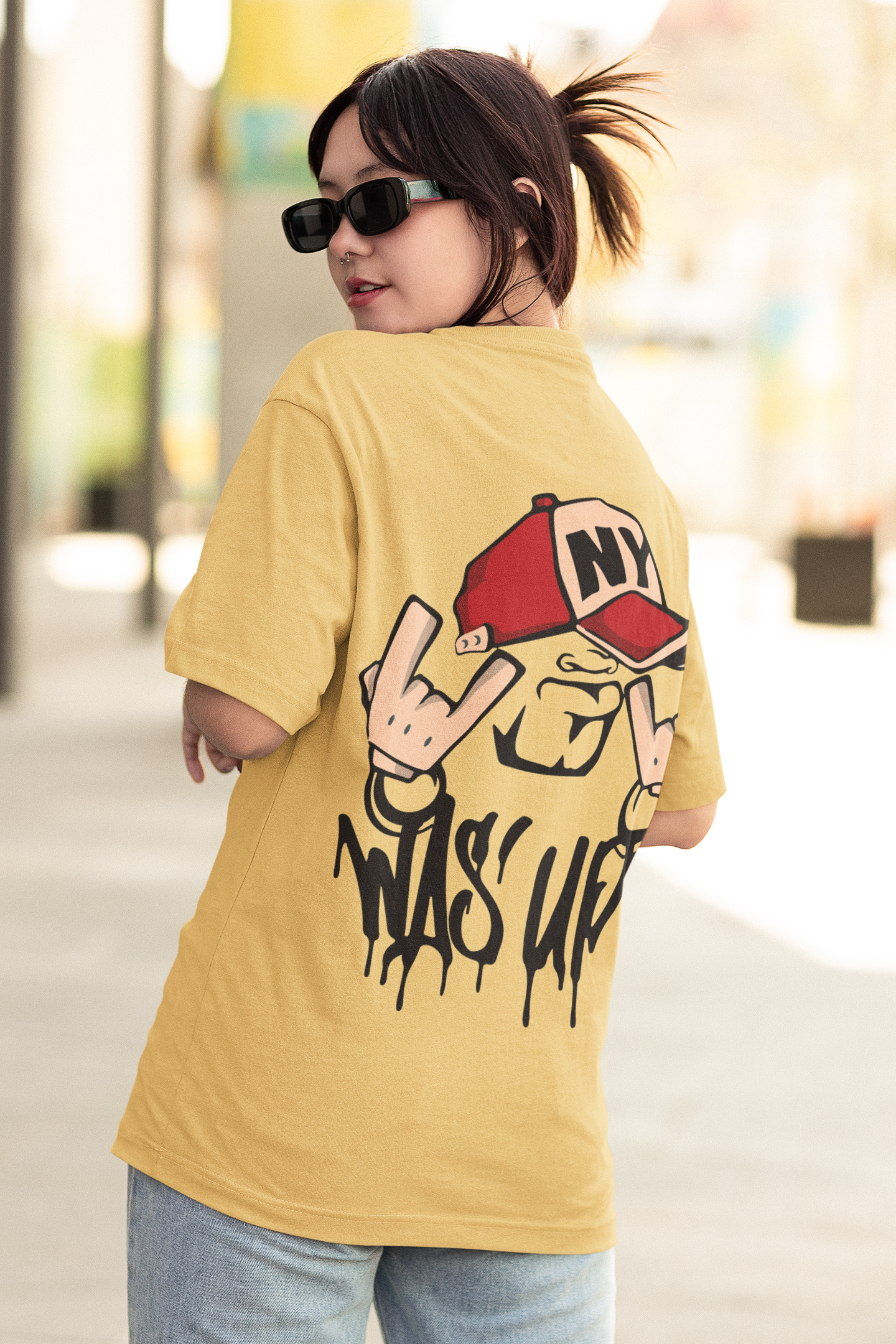 Streetwear Mustard Yellow T-Shirt – Oversized Fit with "Wasup" Print