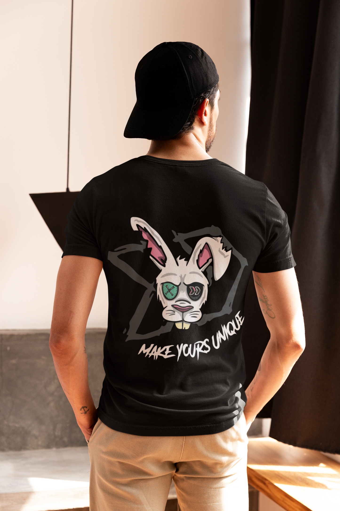 "Rabit Head" Printed Round Neck Half Sleeve Black T-shirt