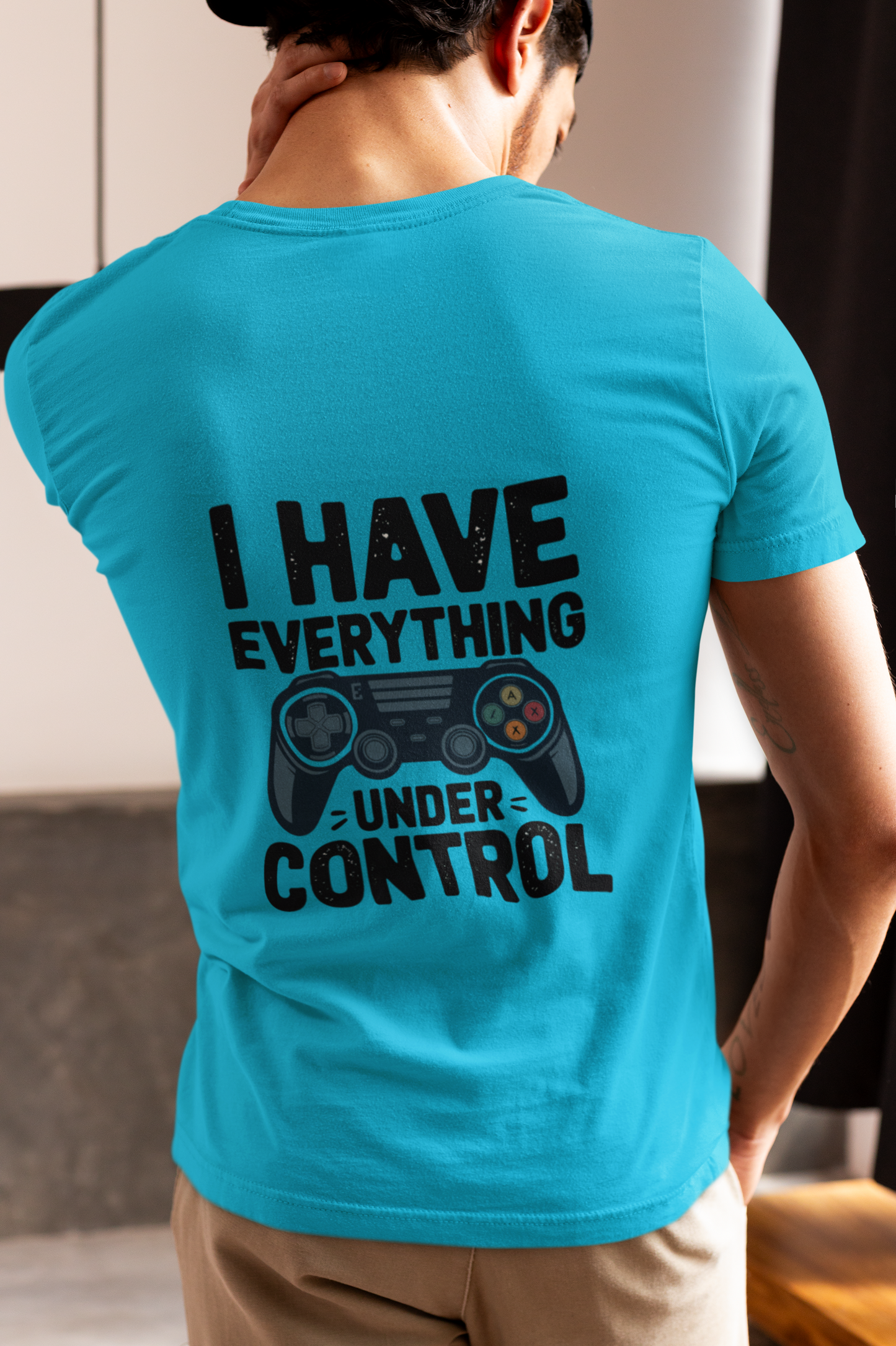 "I Have Everything Under Control" Printed Round Neck Half Sleeve Sky Blue T-shirt