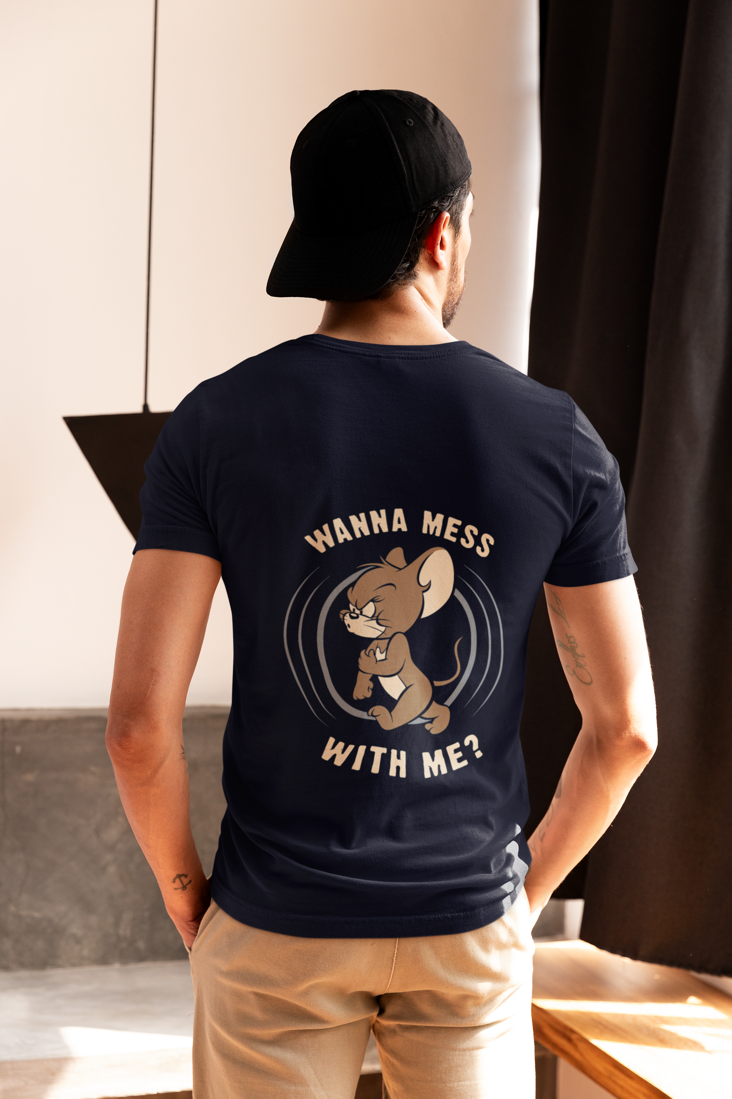 "Wanna Mess With Me" Jerry Printed Round Neck Half Sleeve Navy Blue T-shirt
