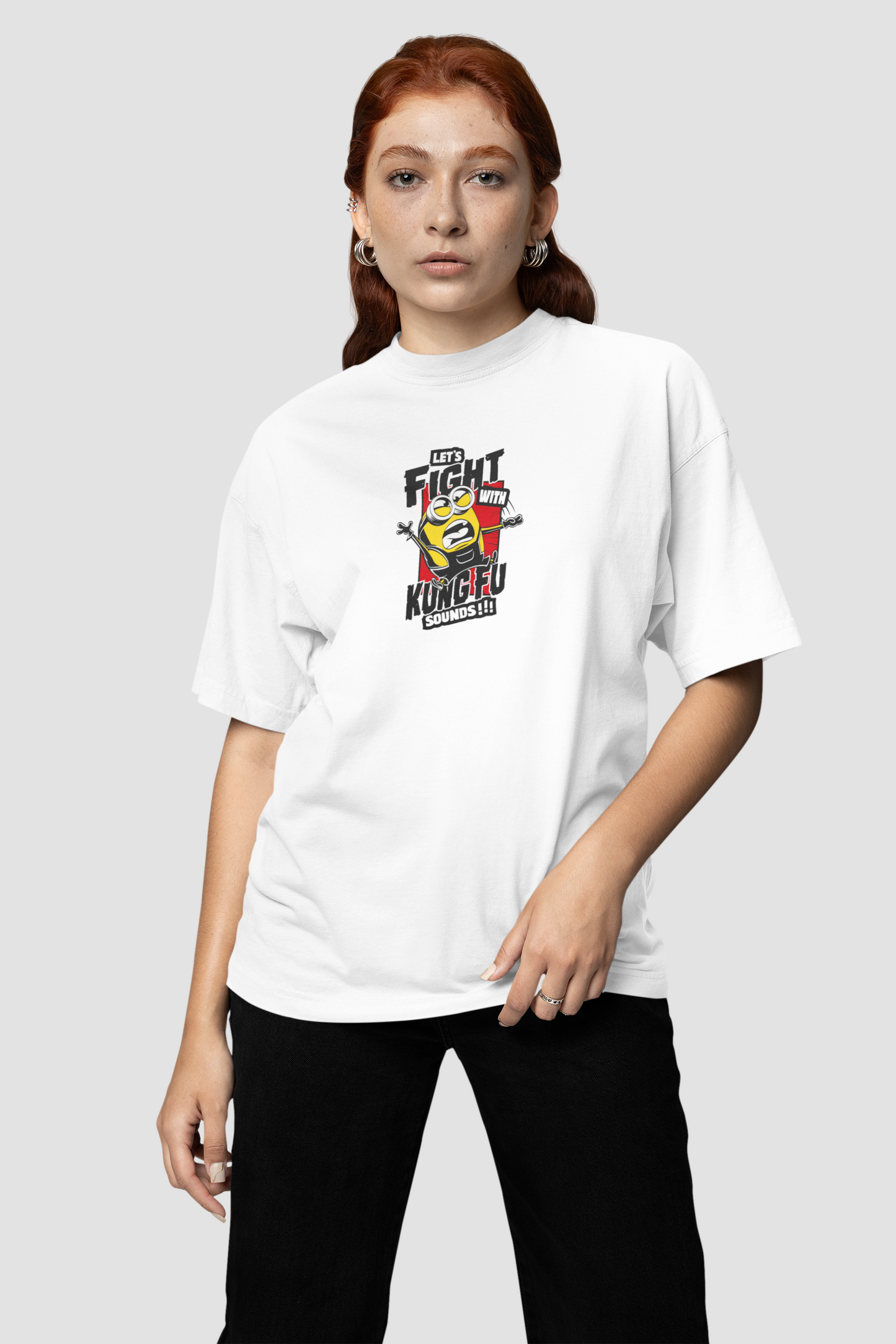 Unisex White Oversized Minions T-Shirt with Kung Fu Comic Design