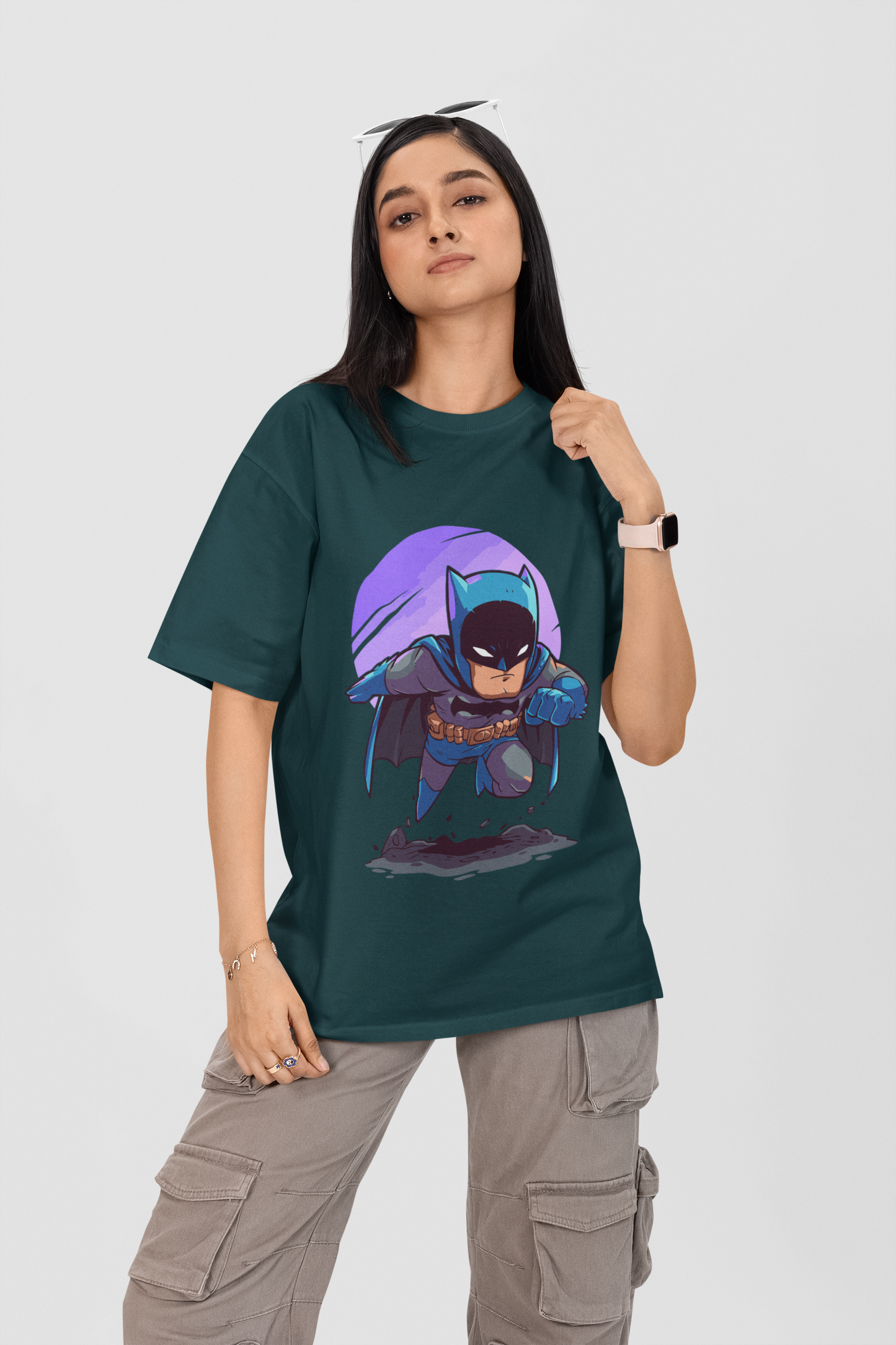 Blue Oversized Unisex T-shirt With Chibi Batman in Action