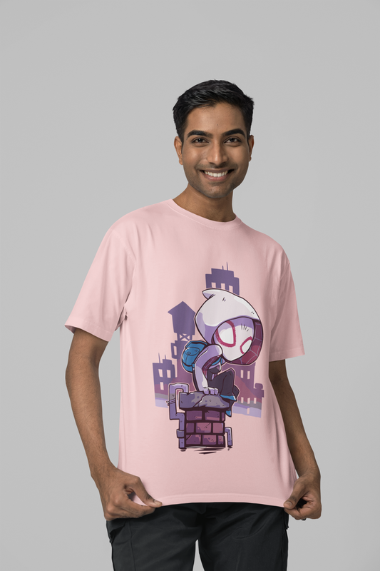 Light Pink Oversized Unisex T-shirt With Cute Spider Woman Gwen Posing