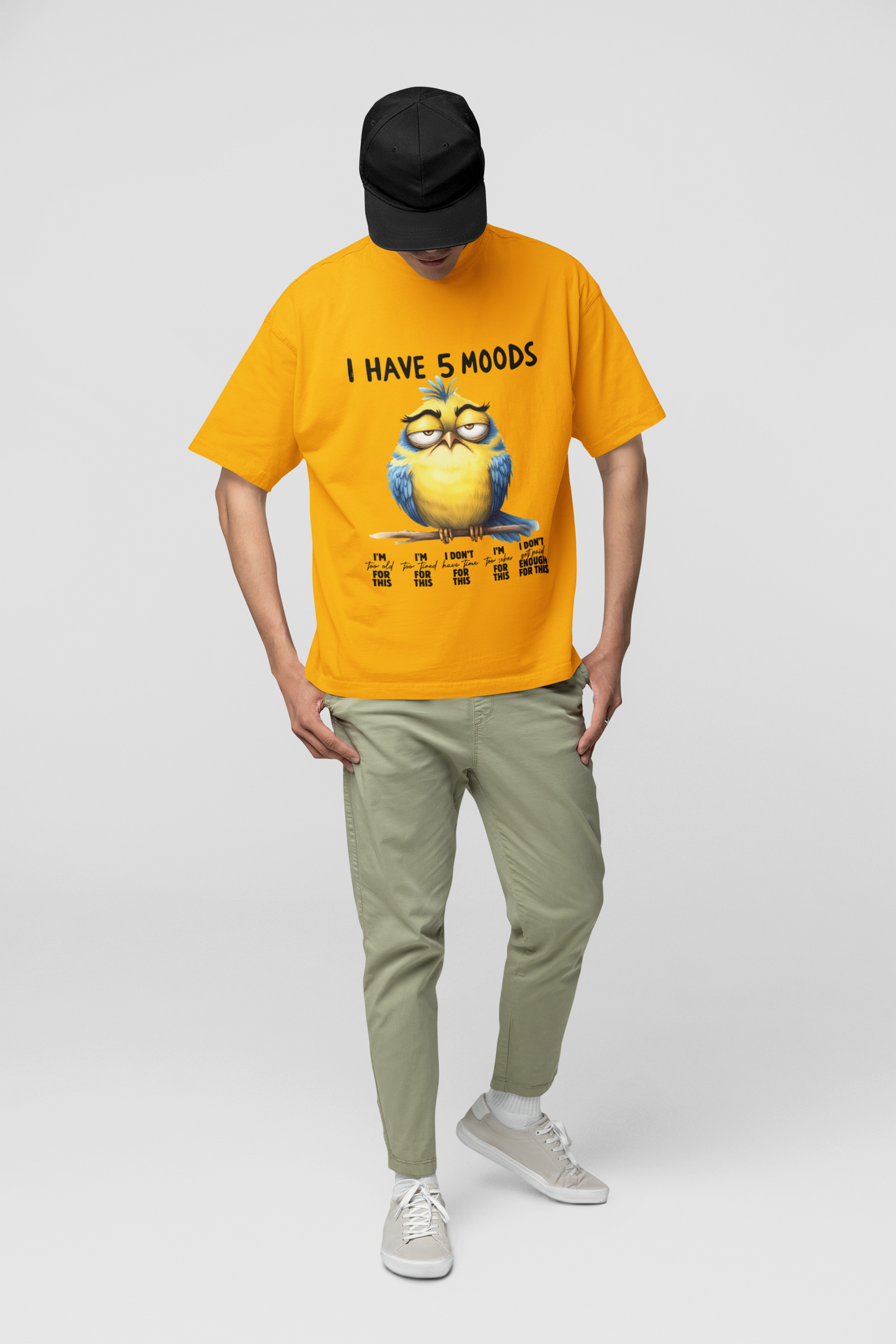I Have 5 Moods" Grumpy Bird T-Shirt | Funny Unisex Oversized Golden Yellow Tee
