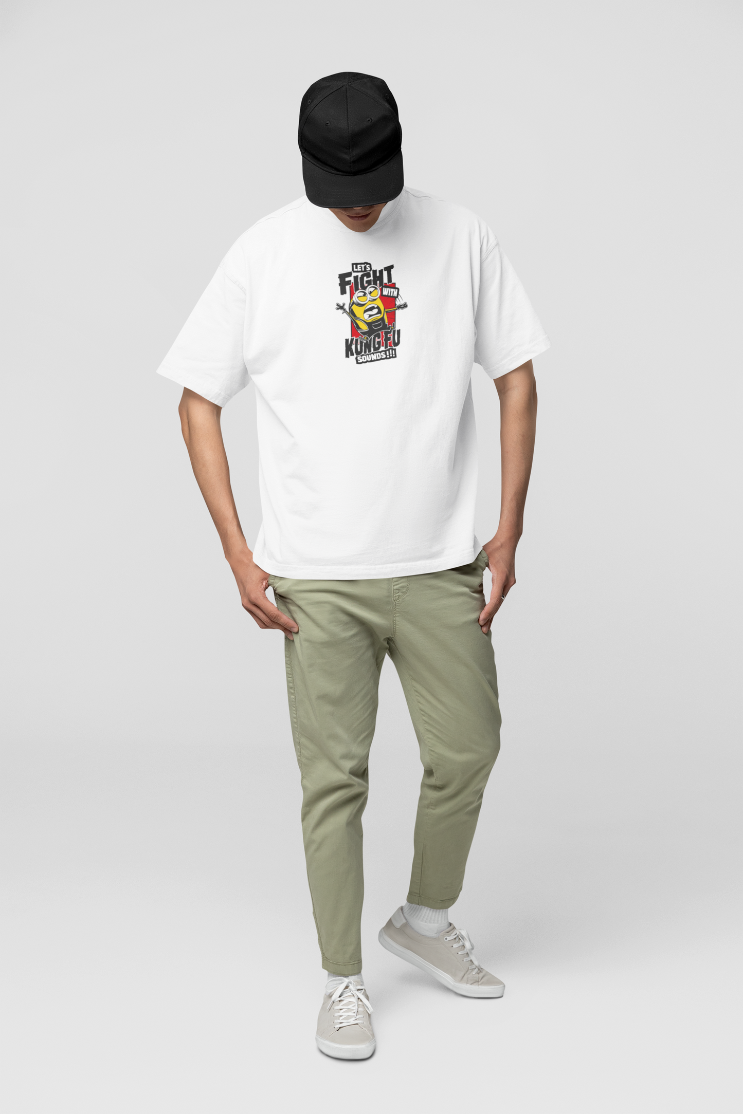 Unisex White Oversized Minions T-Shirt with Kung Fu Comic Design