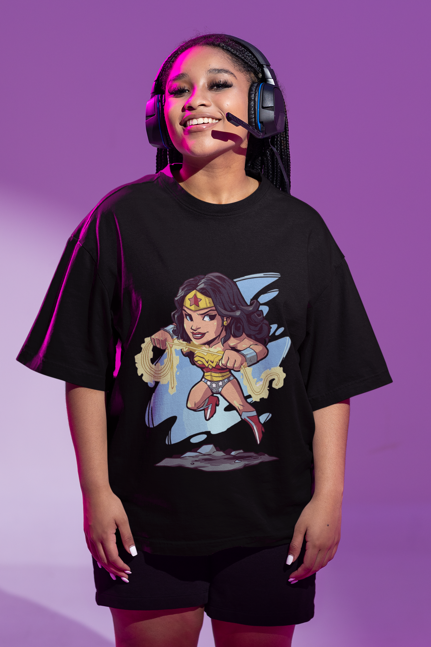 Wonderfully Cute: Black Oversized Chibi Wonder Woman Tee