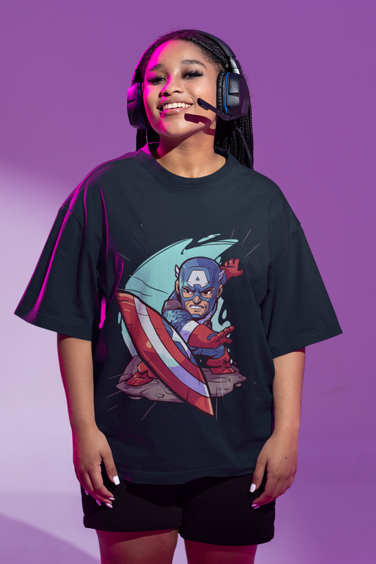 Navy Blue Oversized Unisex T-shirt With  Captain America Chibi