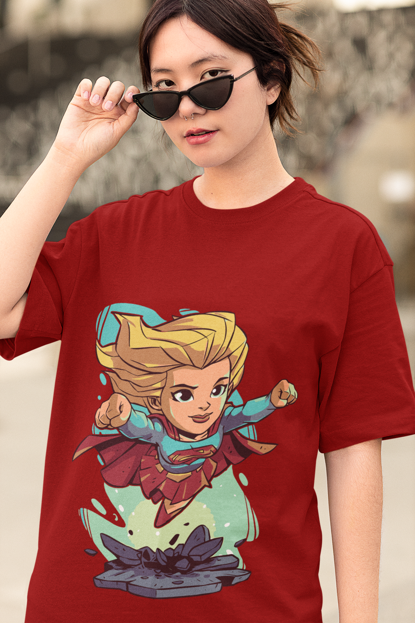 Red Oversized Unisex T-shirt With Comic Super Girl Print