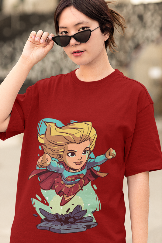 Red Oversized Unisex T-shirt With Comic Super Girl Print