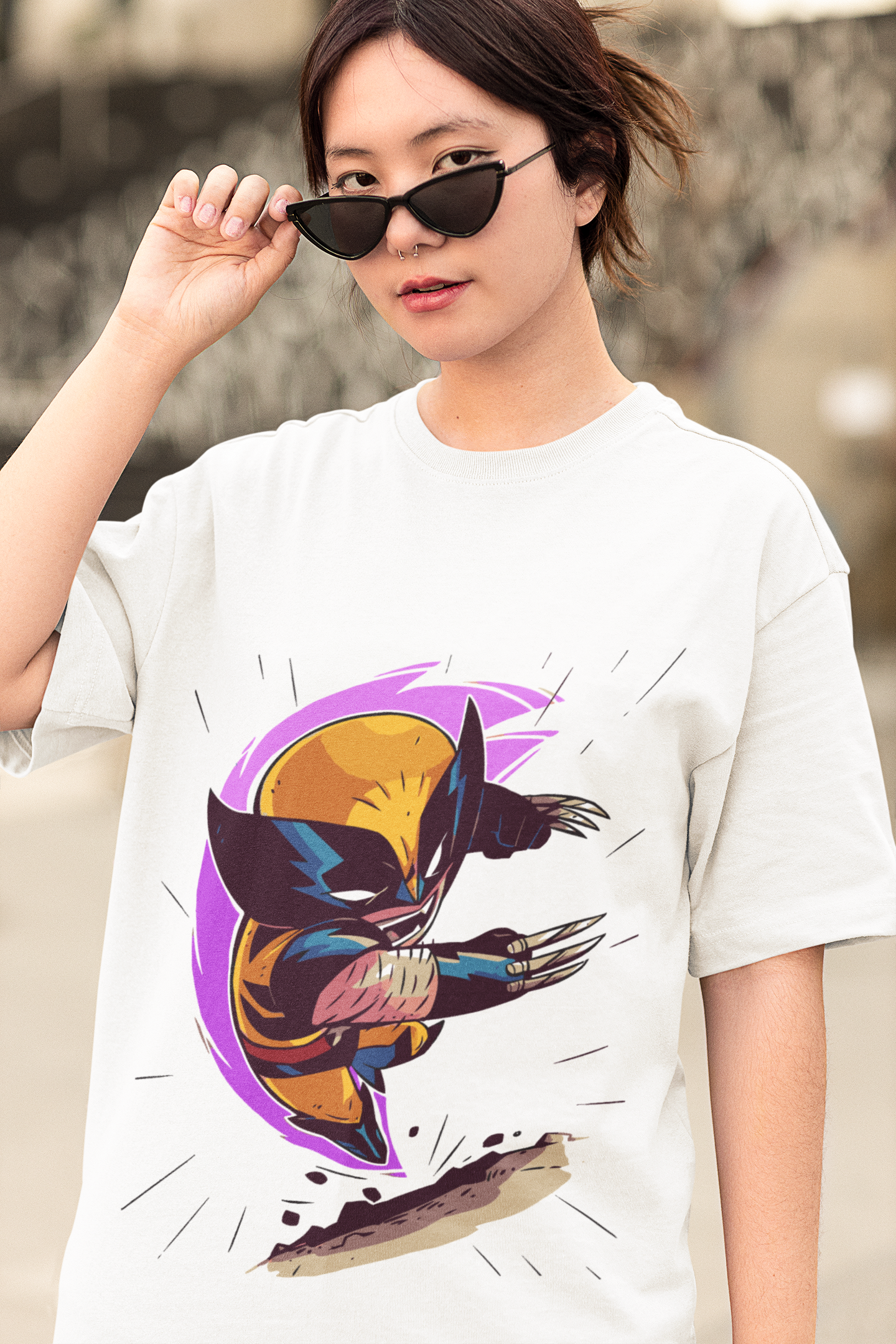 White Oversized Unisex T-shirt With Chibi Wolverine In Action