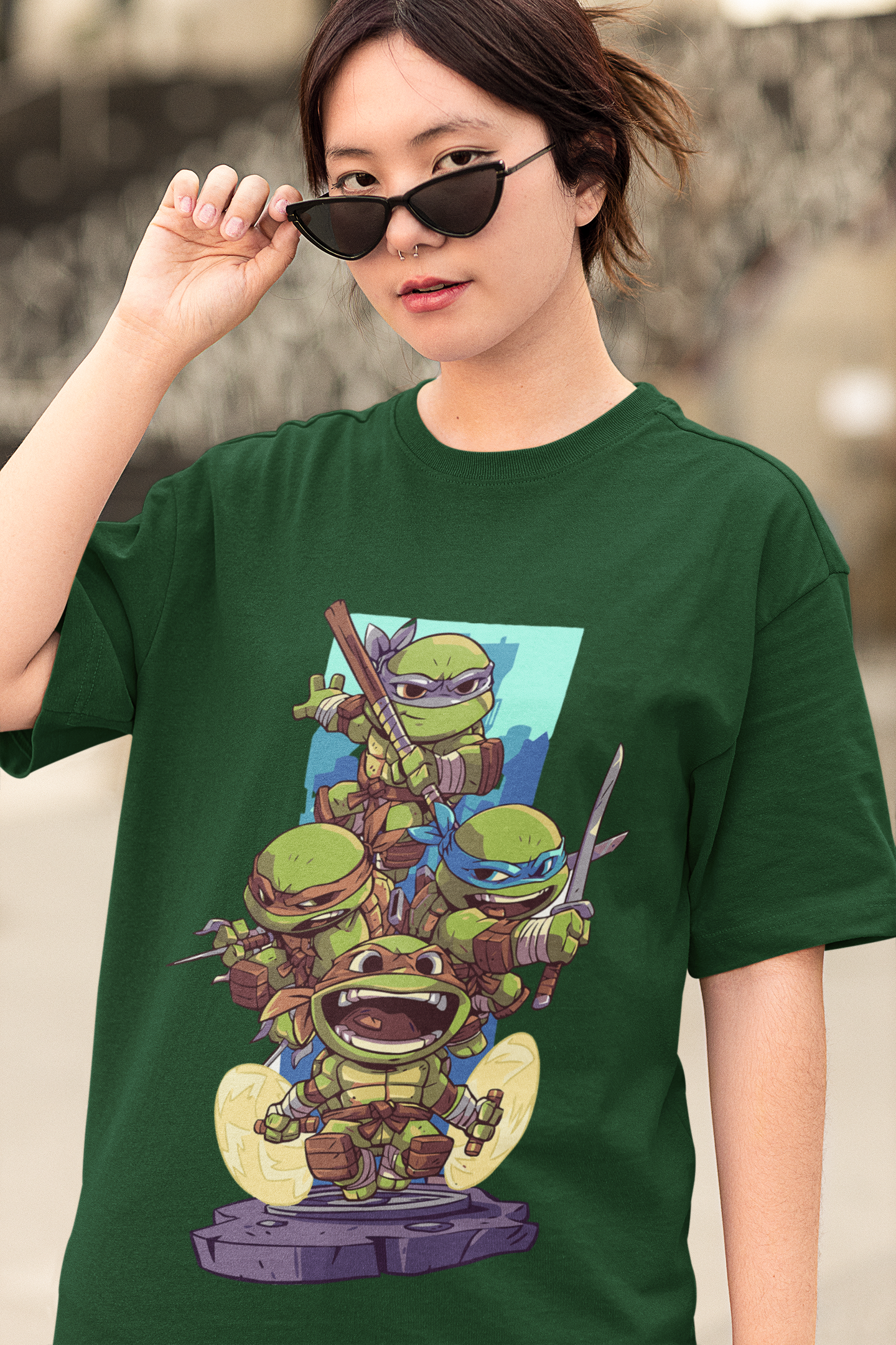 Heroes in Green: Oversized Unisex TMNT Printed Tee