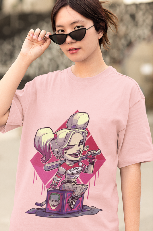 Baby Pink Oversized Unisex T-shirt With Chibi Harley Quinn