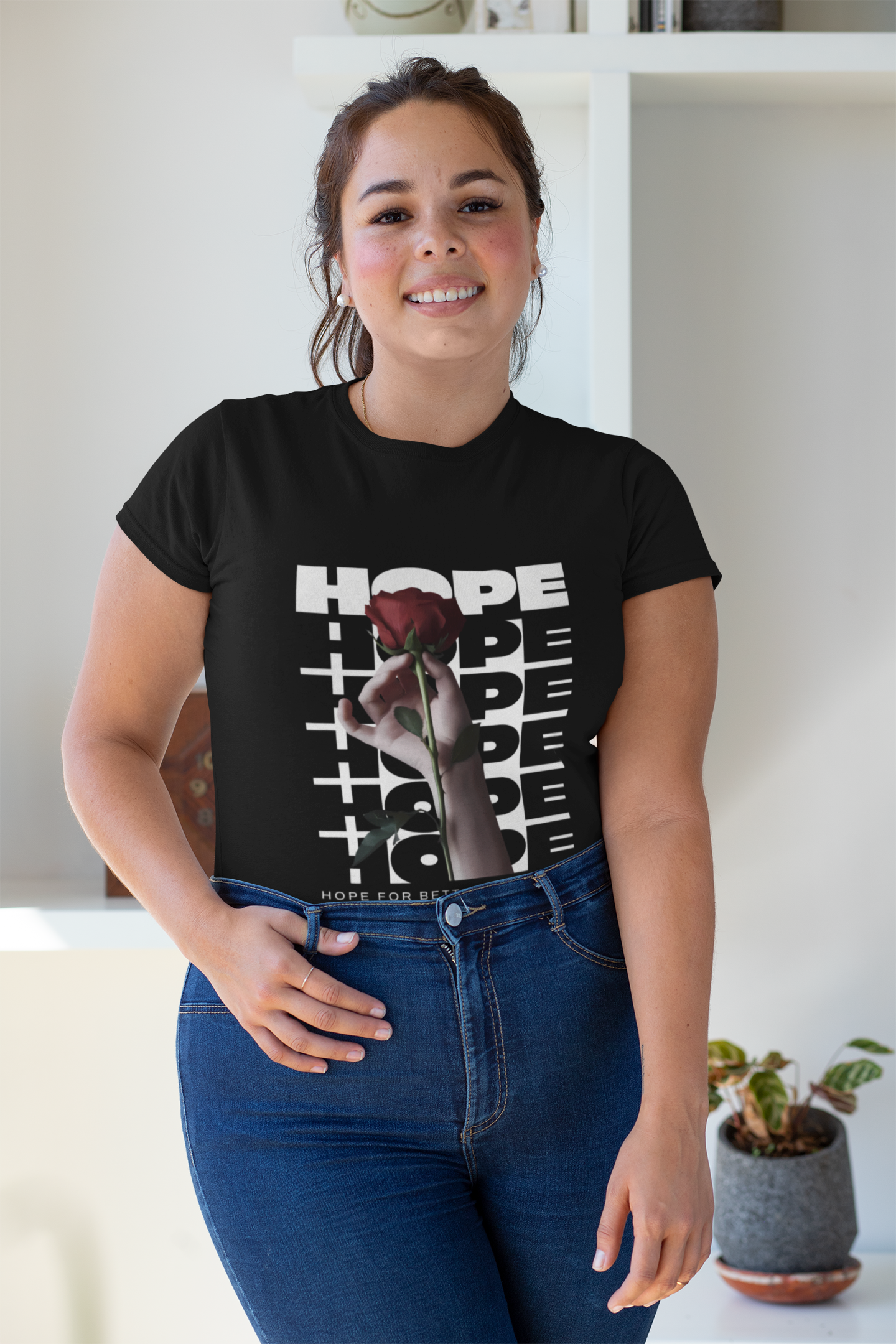 Women's Black Crew T-Shirt – Elegant ‘Hope’ Print with Rose Accent