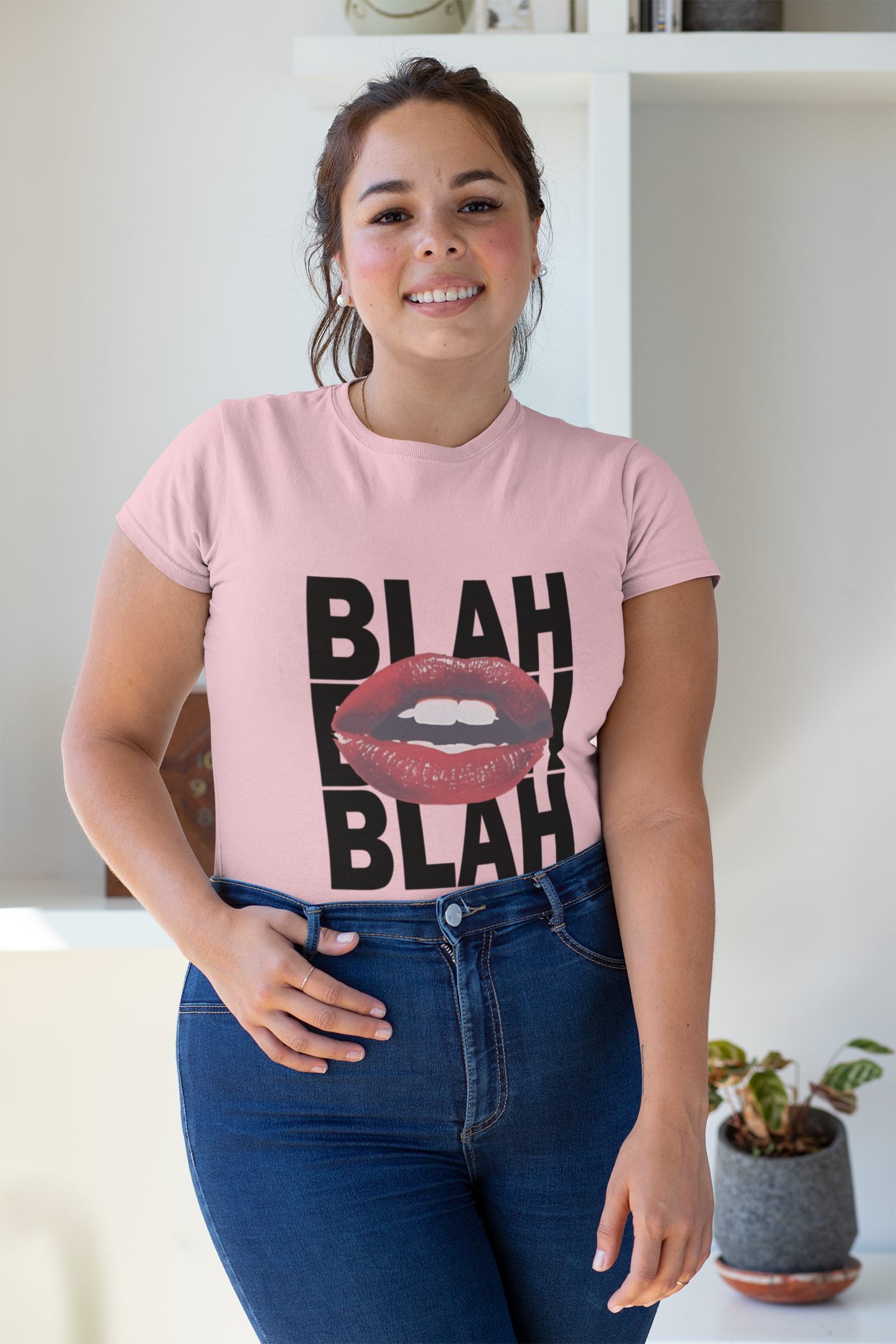 Baby Pink Women's Crew T-Shirt – Funky Blah Blah Text with Red Lips Graphic