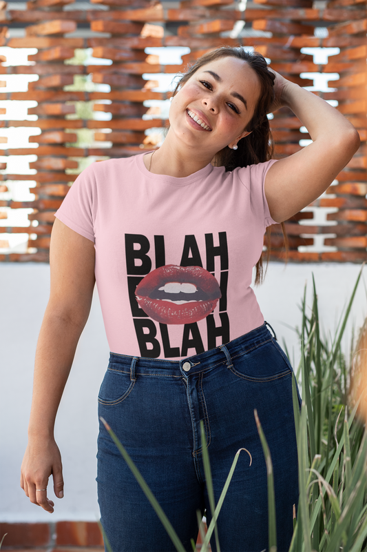 Baby Pink Women's Crew T-Shirt – Funky Blah Blah Text with Red Lips Graphic