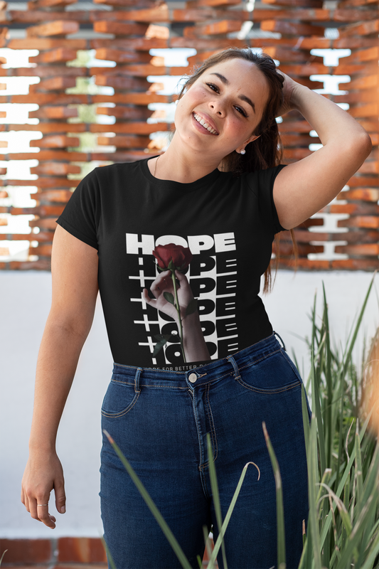 Women's Black Crew T-Shirt – Elegant ‘Hope’ Print with Rose Accent