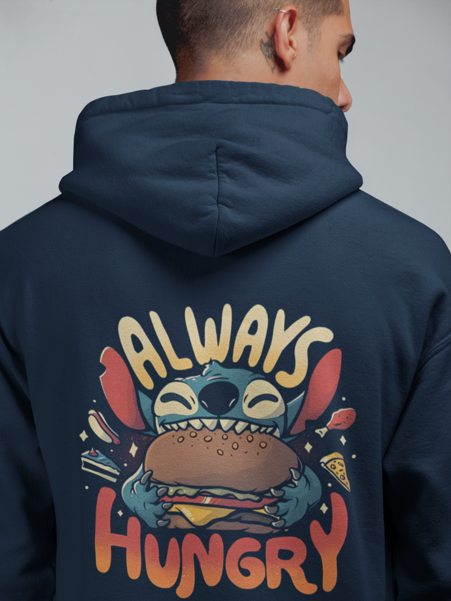 Always Hungry: Stitch-Inspired Navy Blue Hoodie