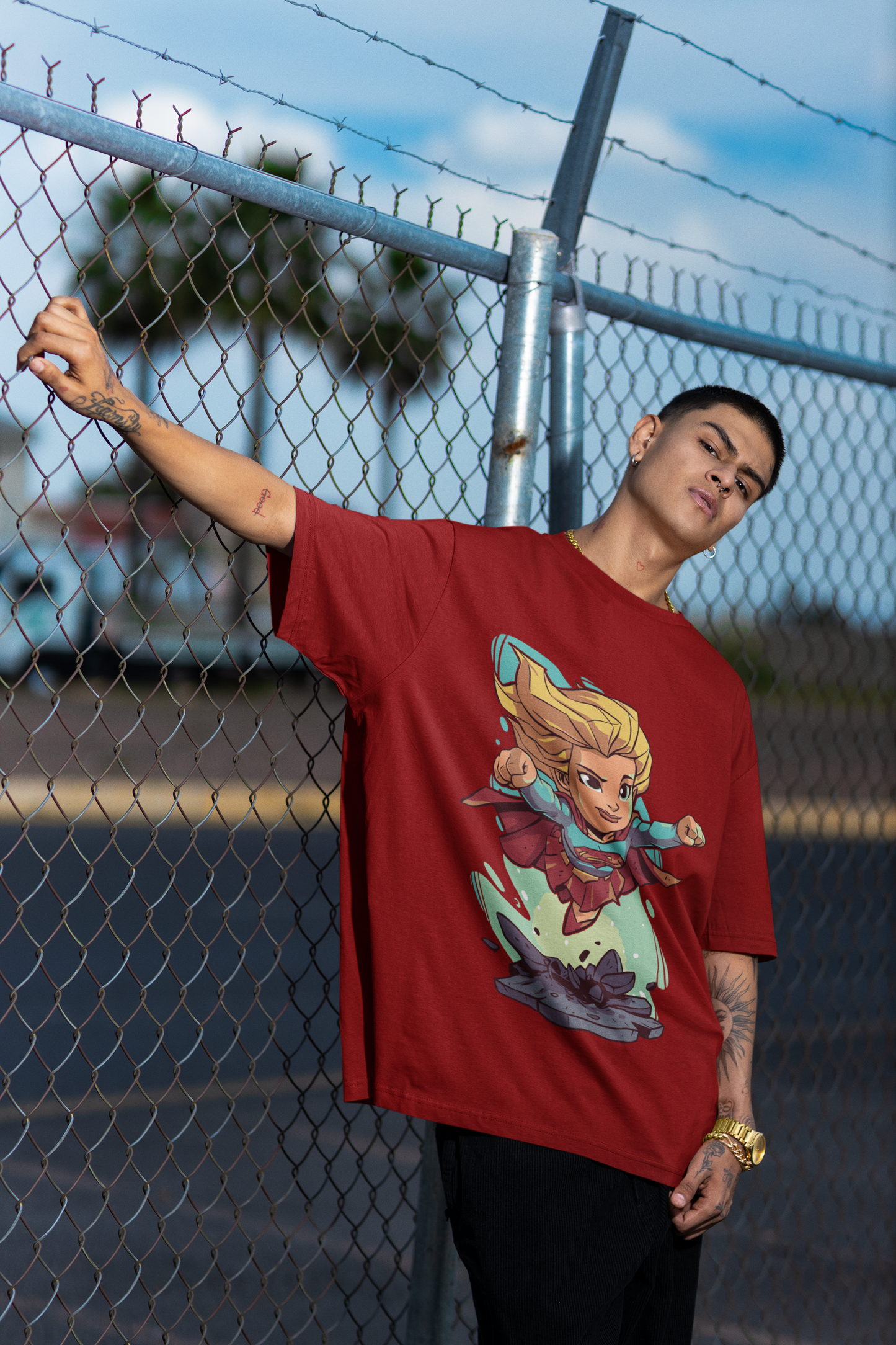 Red Oversized Unisex T-shirt With Comic Super Girl Print