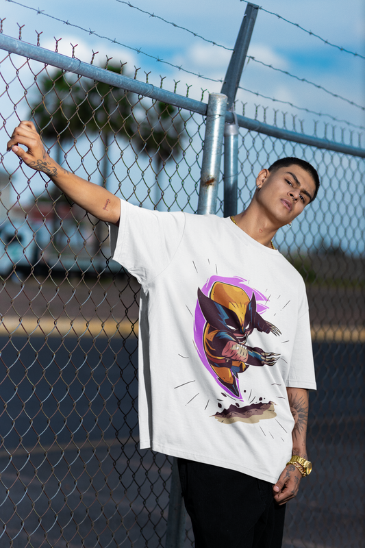 White Oversized Unisex T-shirt With Chibi Wolverine In Action