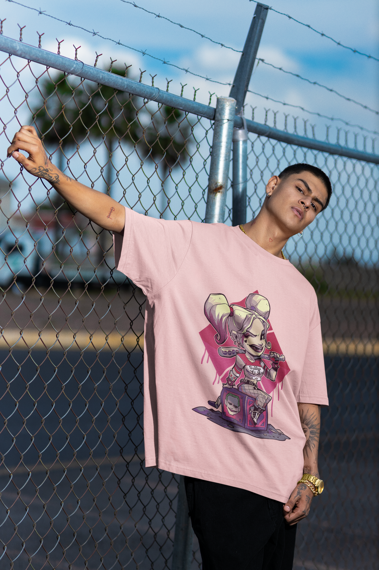 Baby Pink Oversized Unisex T-shirt With Chibi Harley Quinn