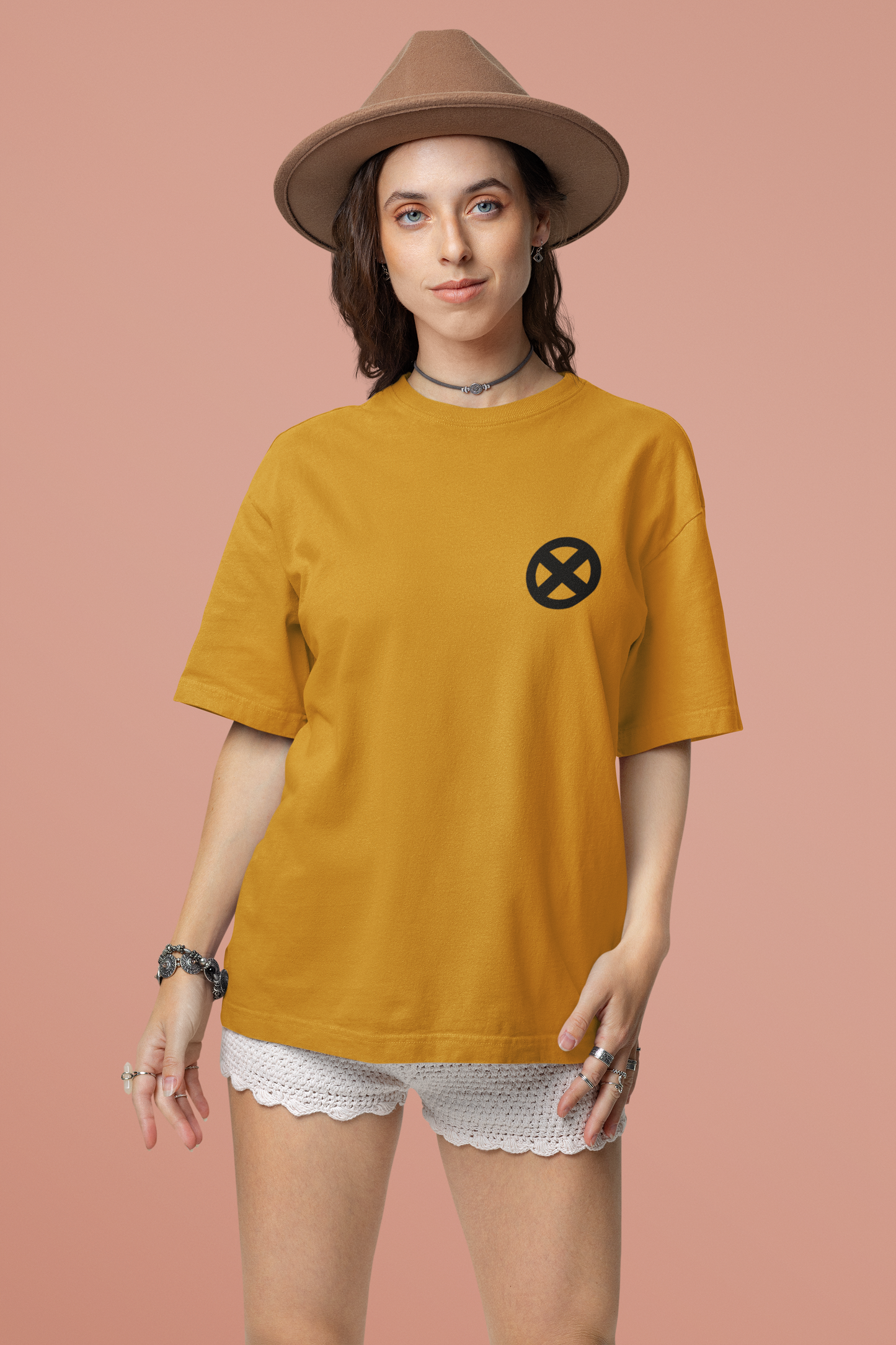 Mustard Yellow Oversized Unisex T-shirt With Comic Wolverine Mask Print