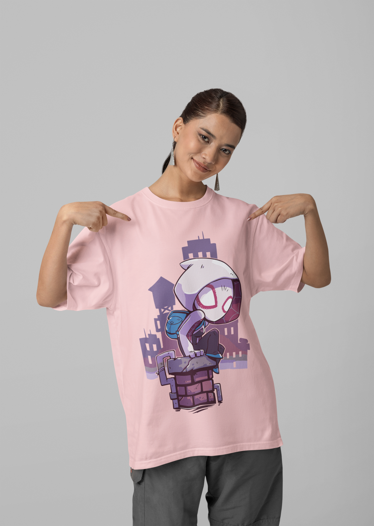 Light Pink Oversized Unisex T-shirt With Cute Spider Woman Gwen Posing
