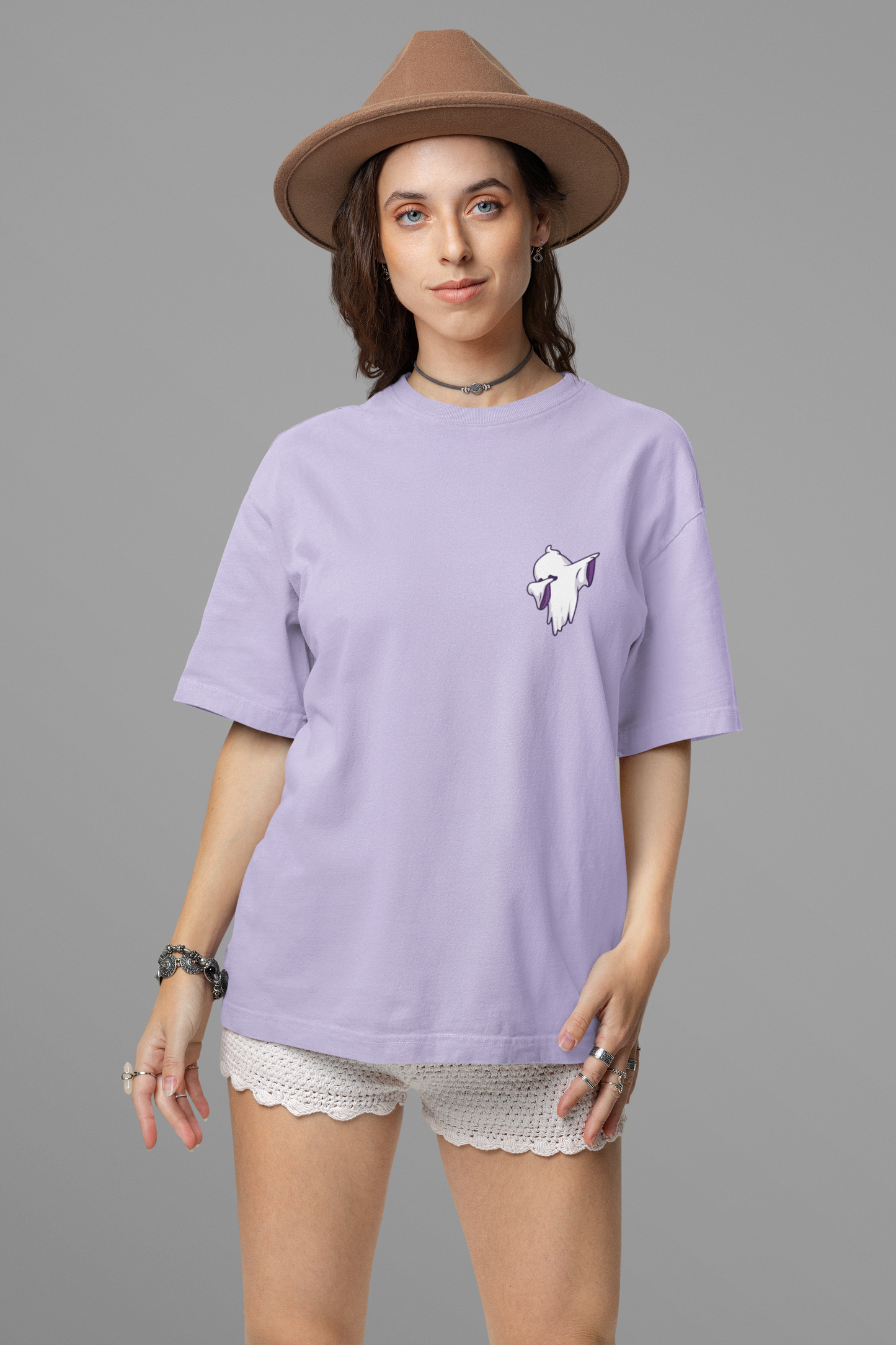 Lavender Oversized Tee – Whimsical Ghost Art Print, Unisex Style
