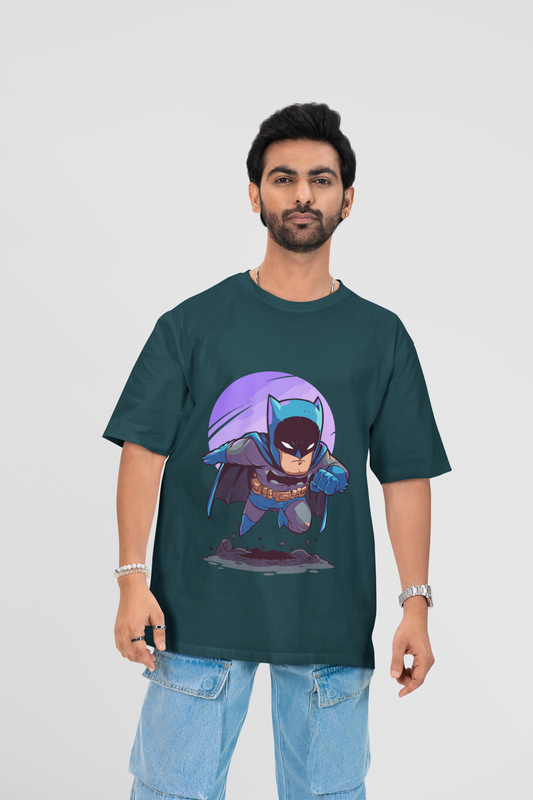 Blue Oversized Unisex T-shirt With Chibi Batman in Action
