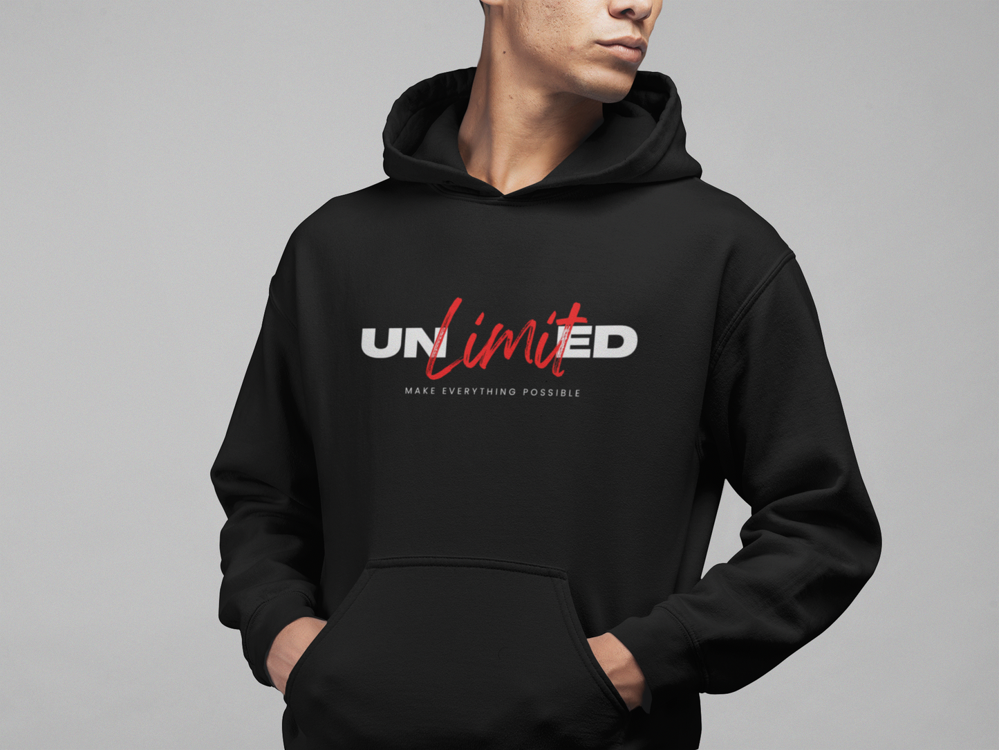 Unlimited Vibes: Black Hoodie with Bold Prints