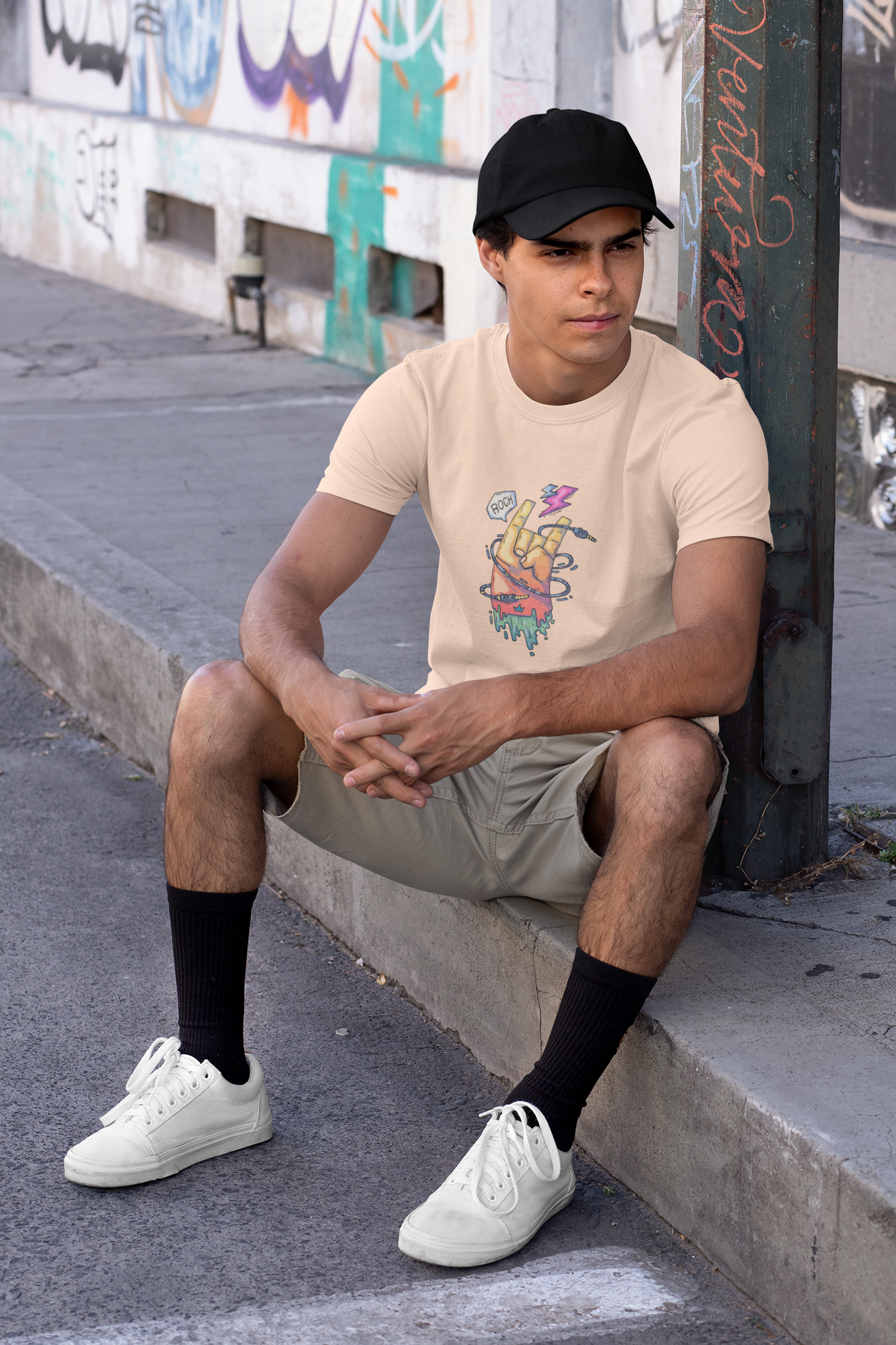 Men's Peach Color 100% Cotton Tee | Rock Music Graphic Print