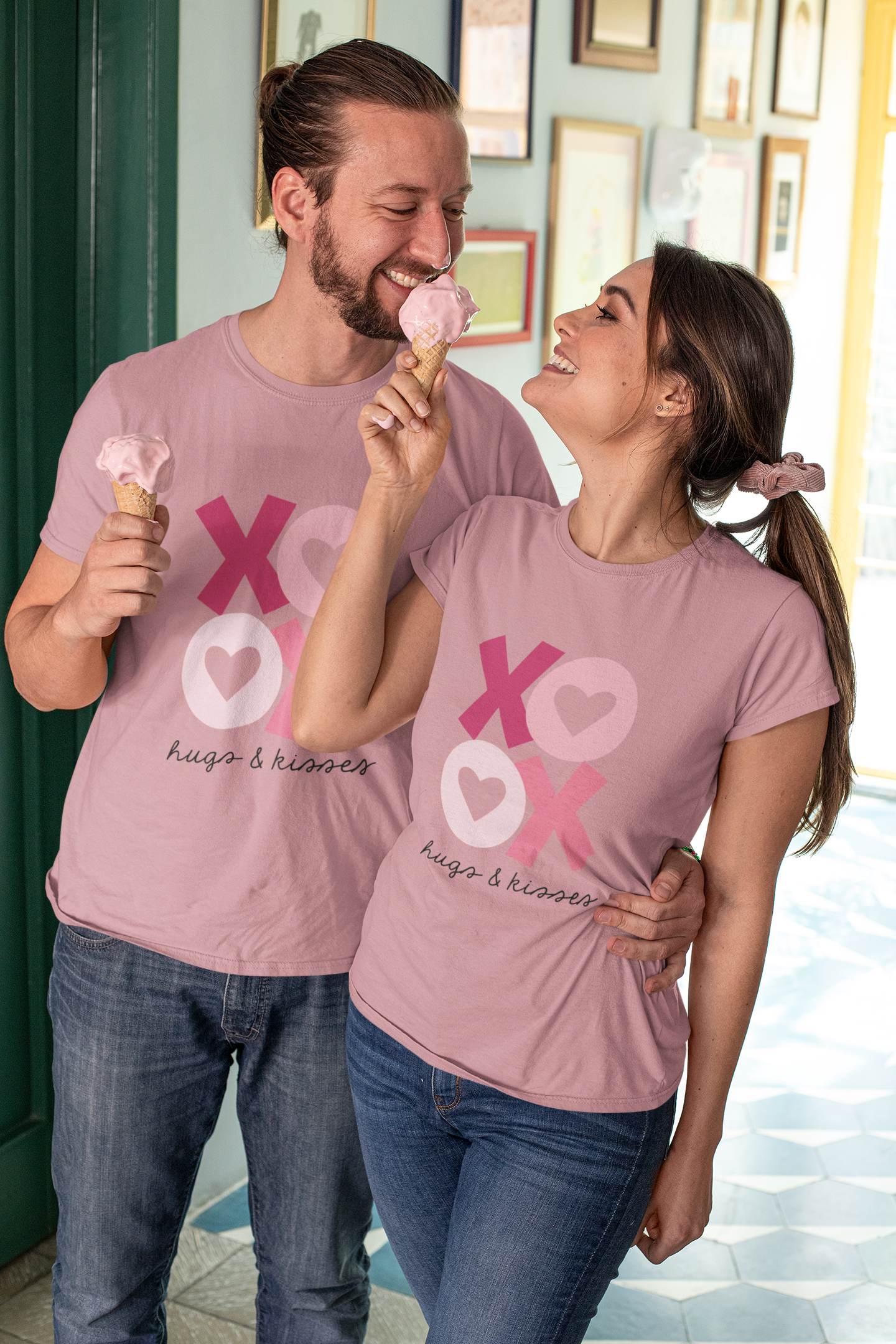 Flamingo Charm: Hugs and Kisses Printed Tee for Him & Her