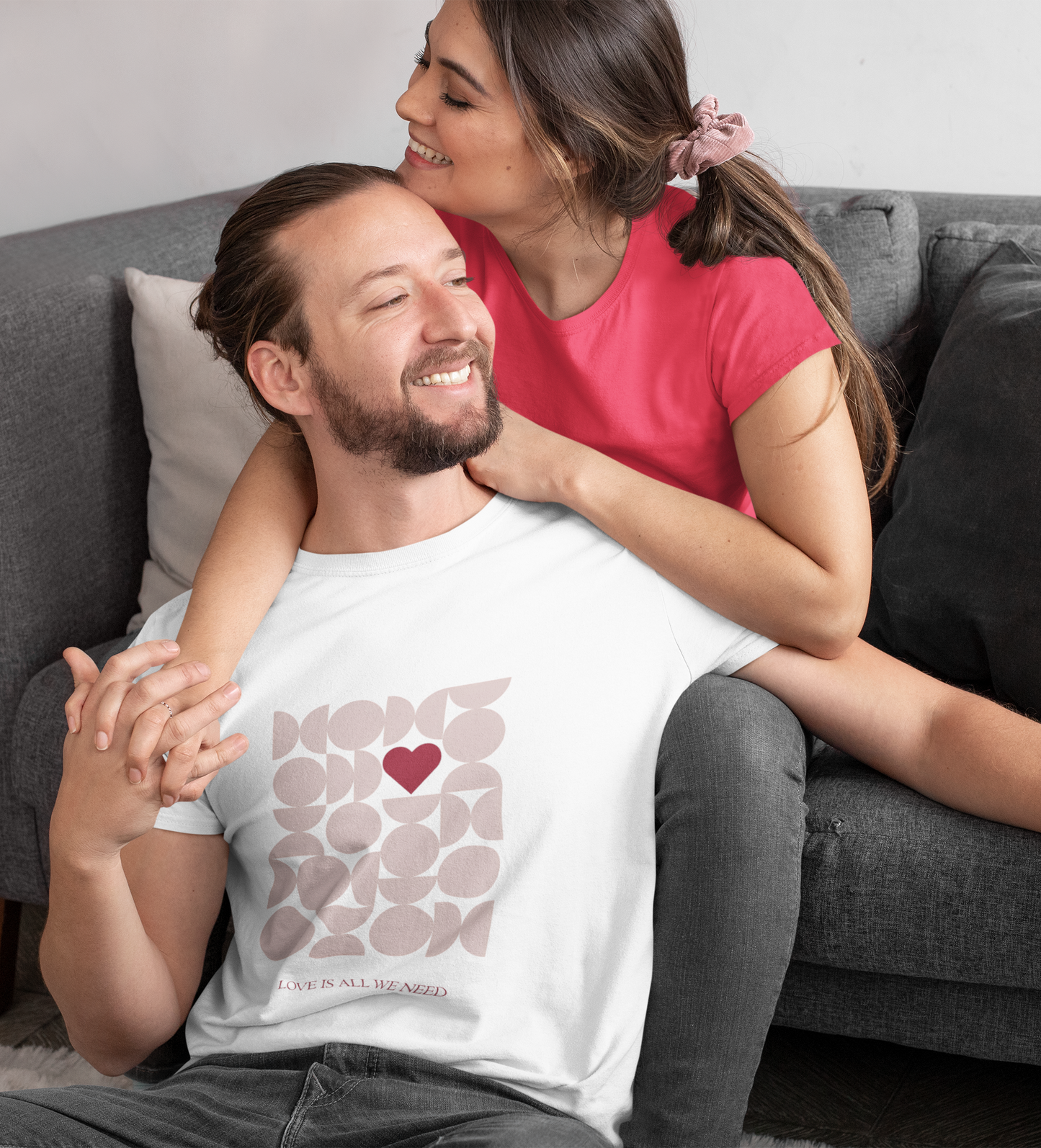 "Love is all we need": Light Pink Unisex Couple Tee
