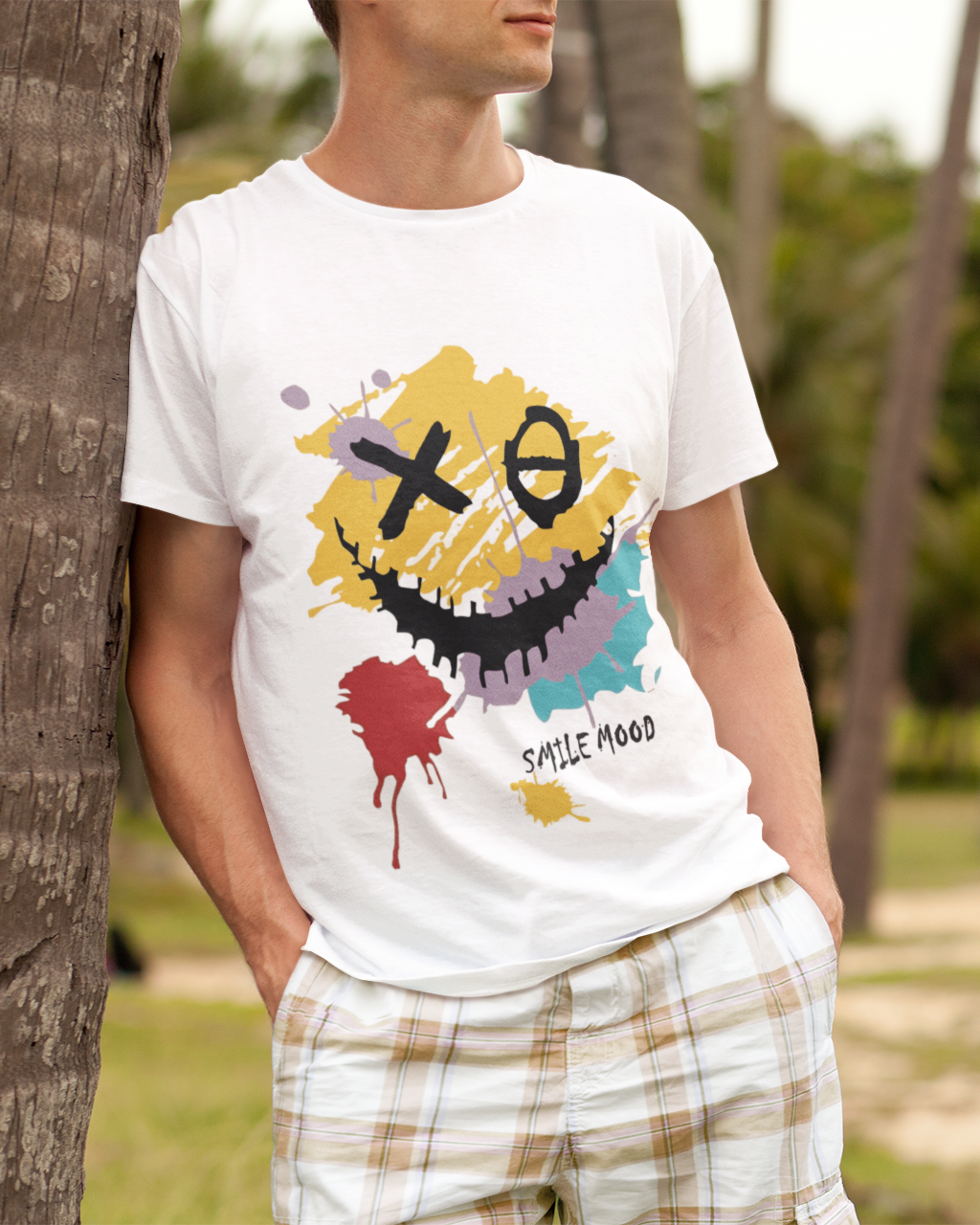 "Joker Face" Colorful Printed Round Neck Half Sleeve White T-shirt