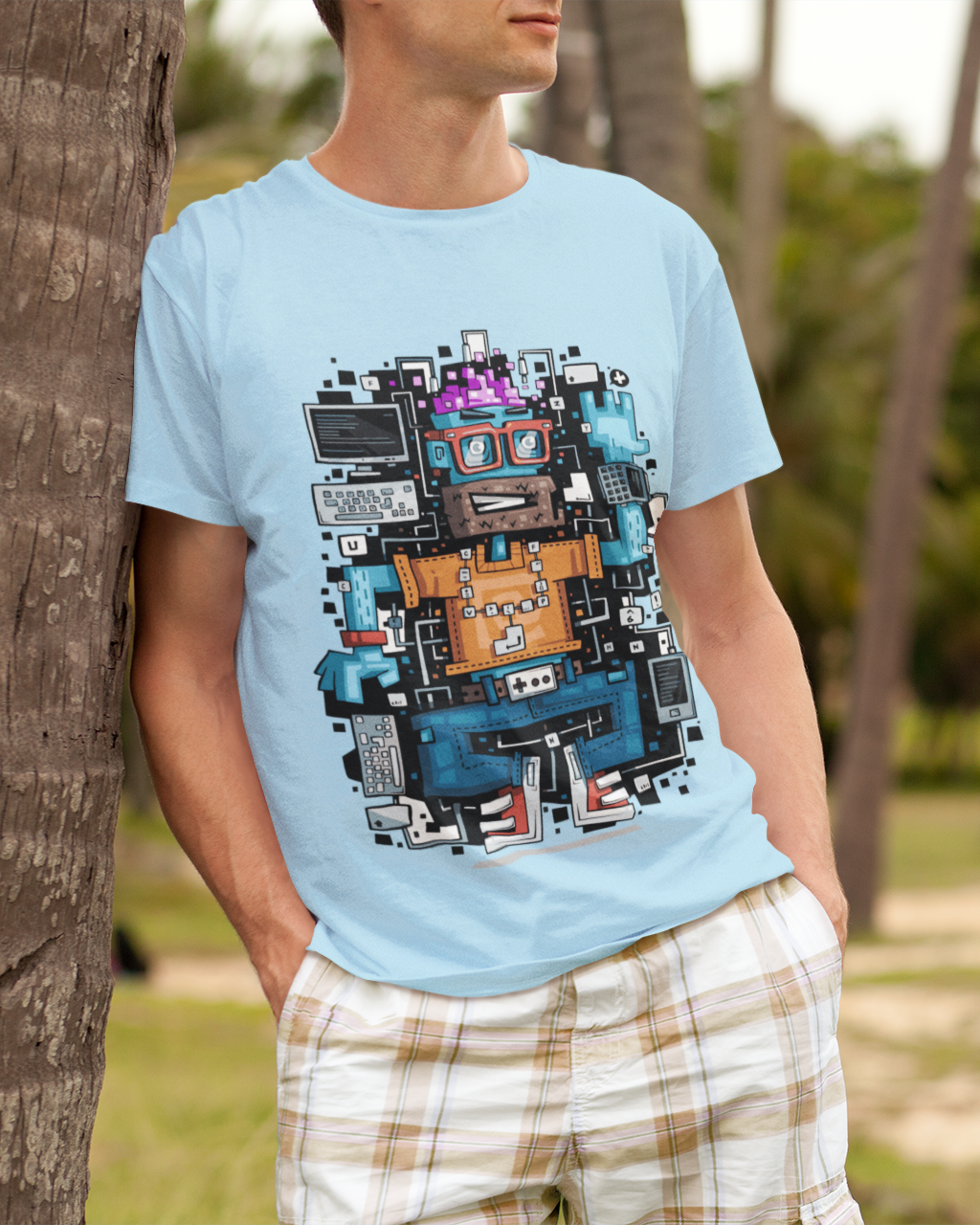 Baby Blue Pure Cotton Graphic T-Shirt | Retro Tech Computer Character