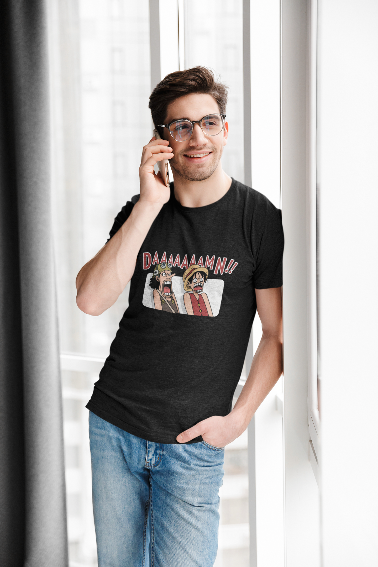 One Piece 'DAAAAAAMN!!' Funny Anime T-Shirt - Unisex Black Melange Polycotton