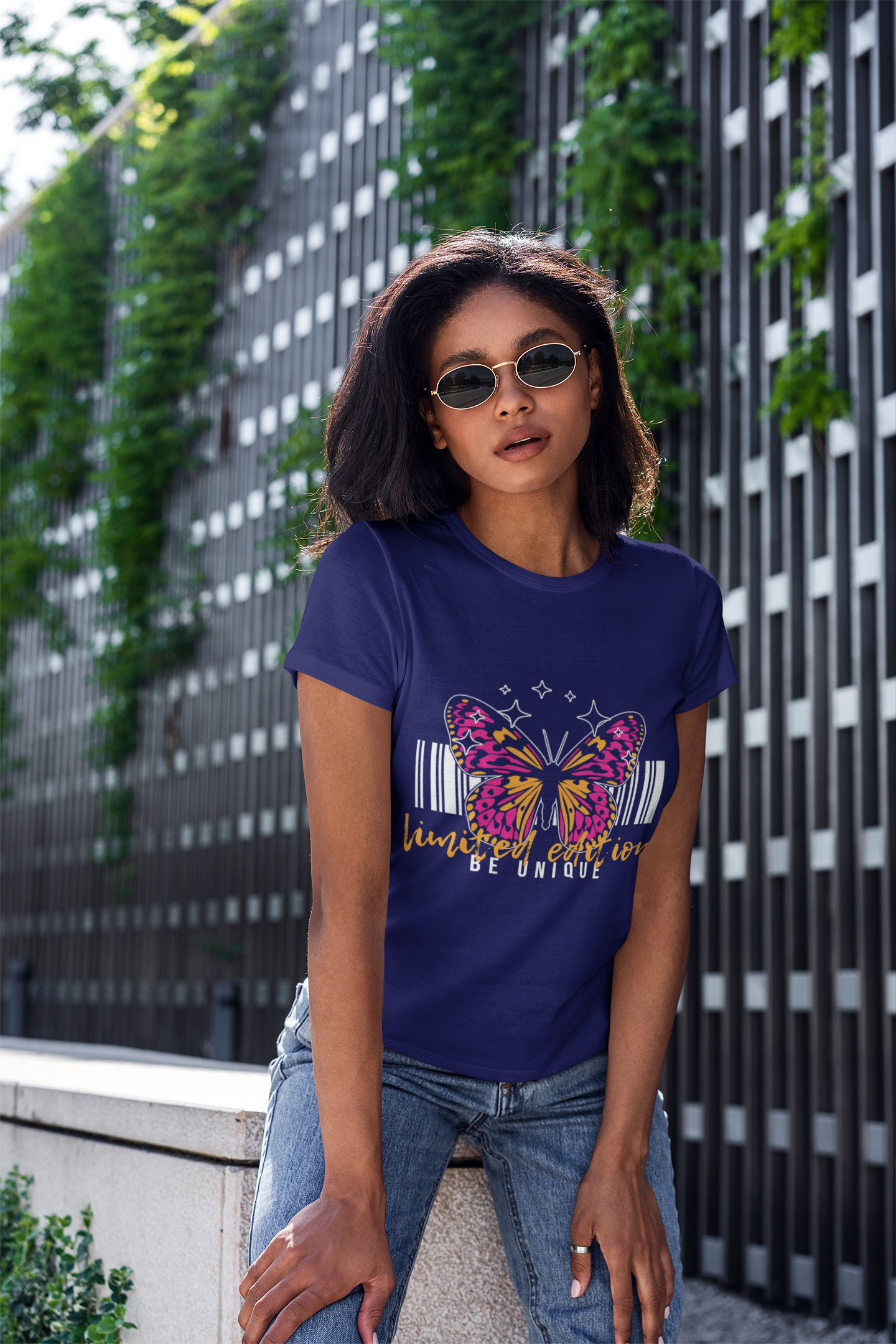 Fashionable Royal Blue Crew Tee – ‘Limited Edition’ with Trendy Butterfly Print
