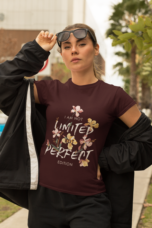 Women's Maroon T-Shirt – Elegant Floral Print 'I Am Not Limited, But Perfect Edition'