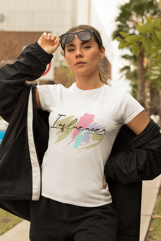 Statement-Making Women's Tee – Colorful ‘Influencer’ Design on White