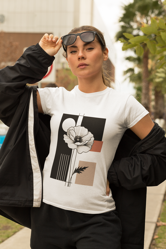 Minimalist Floral Women's T-Shirt – Classic White with Monochrome Design