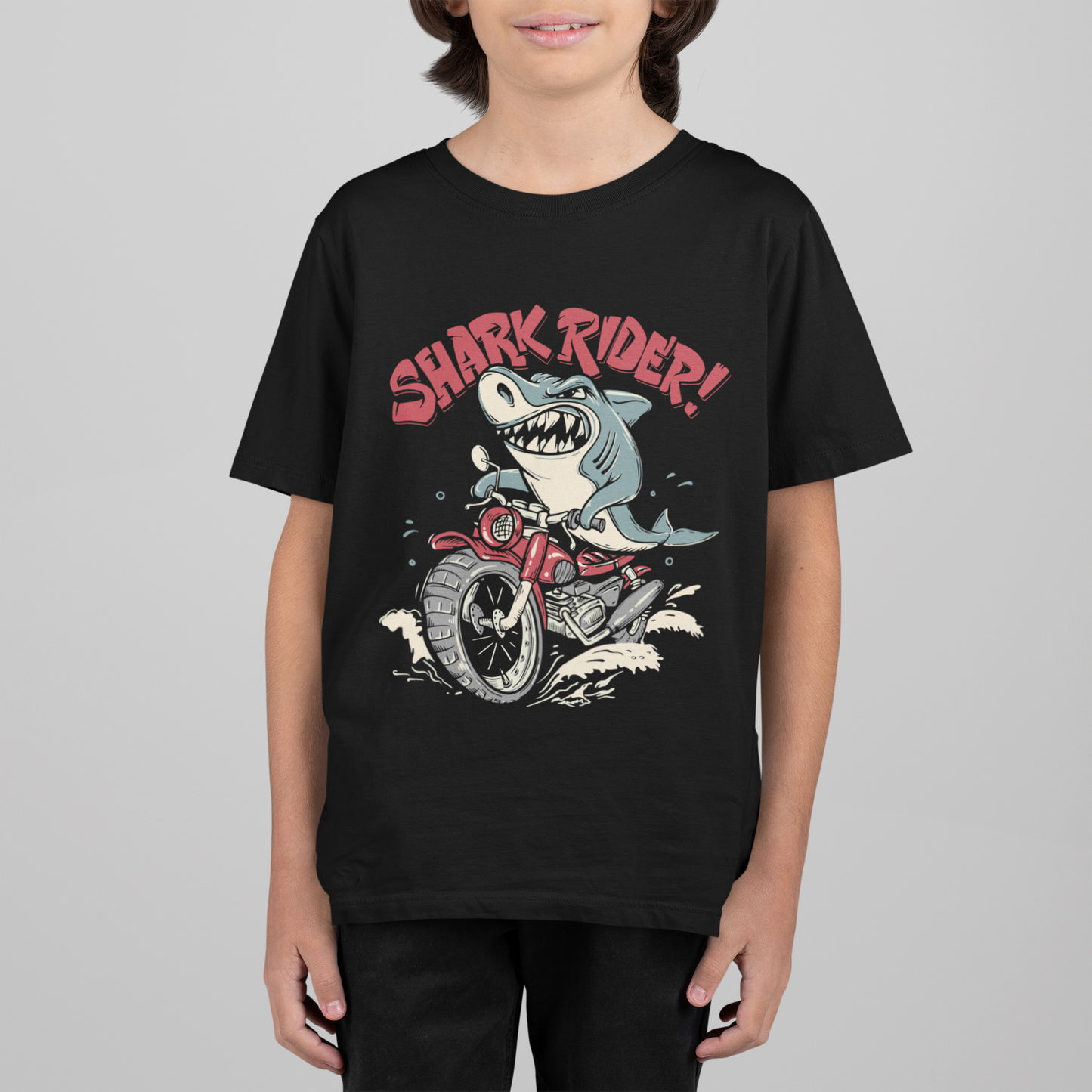 Boys' Shark Rider T-Shirt | Cool Shark on Motorcycle Graphic Tee | 100% Cotton
