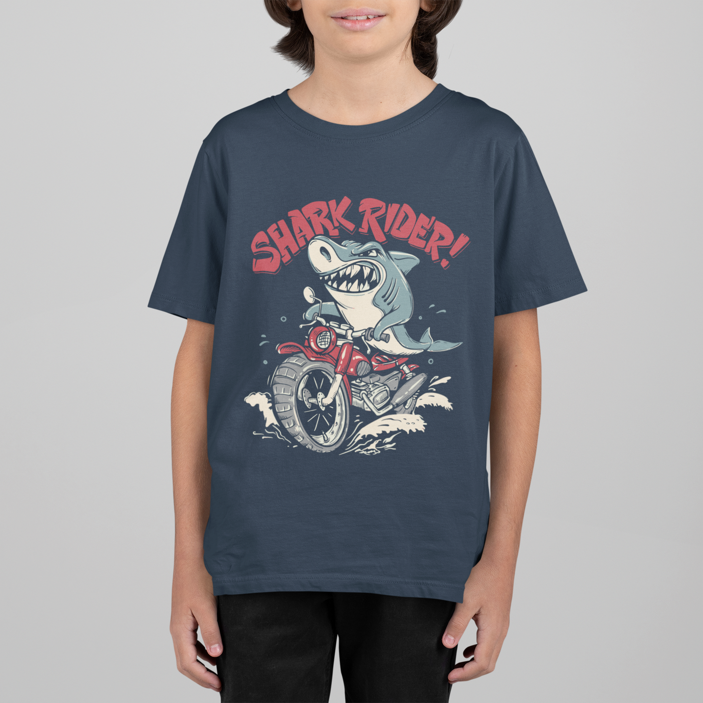 Boys' Shark Rider T-Shirt | Cool Shark on Motorcycle Graphic Tee | 100% Cotton