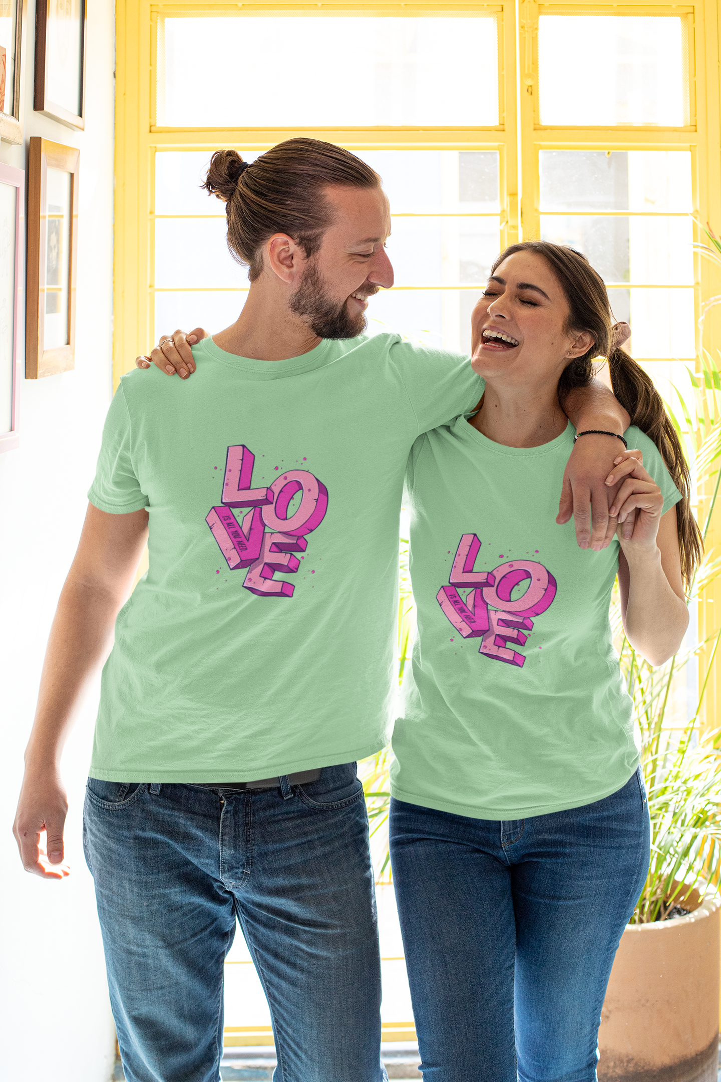 Romantic Hues: Stacked Purple LOVE on Fresh Jade T-Shirt