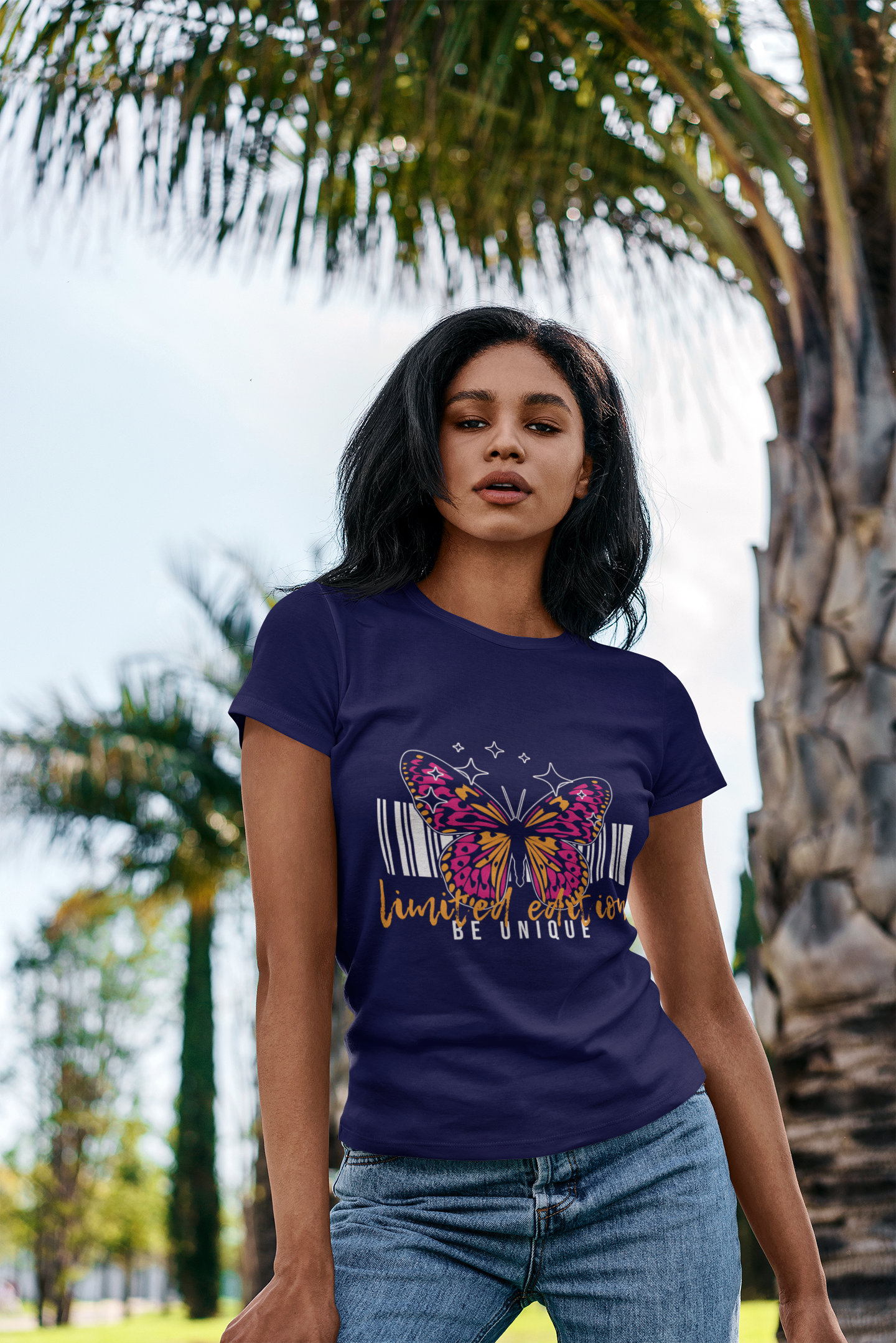 Fashionable Royal Blue Crew Tee – ‘Limited Edition’ with Trendy Butterfly Print