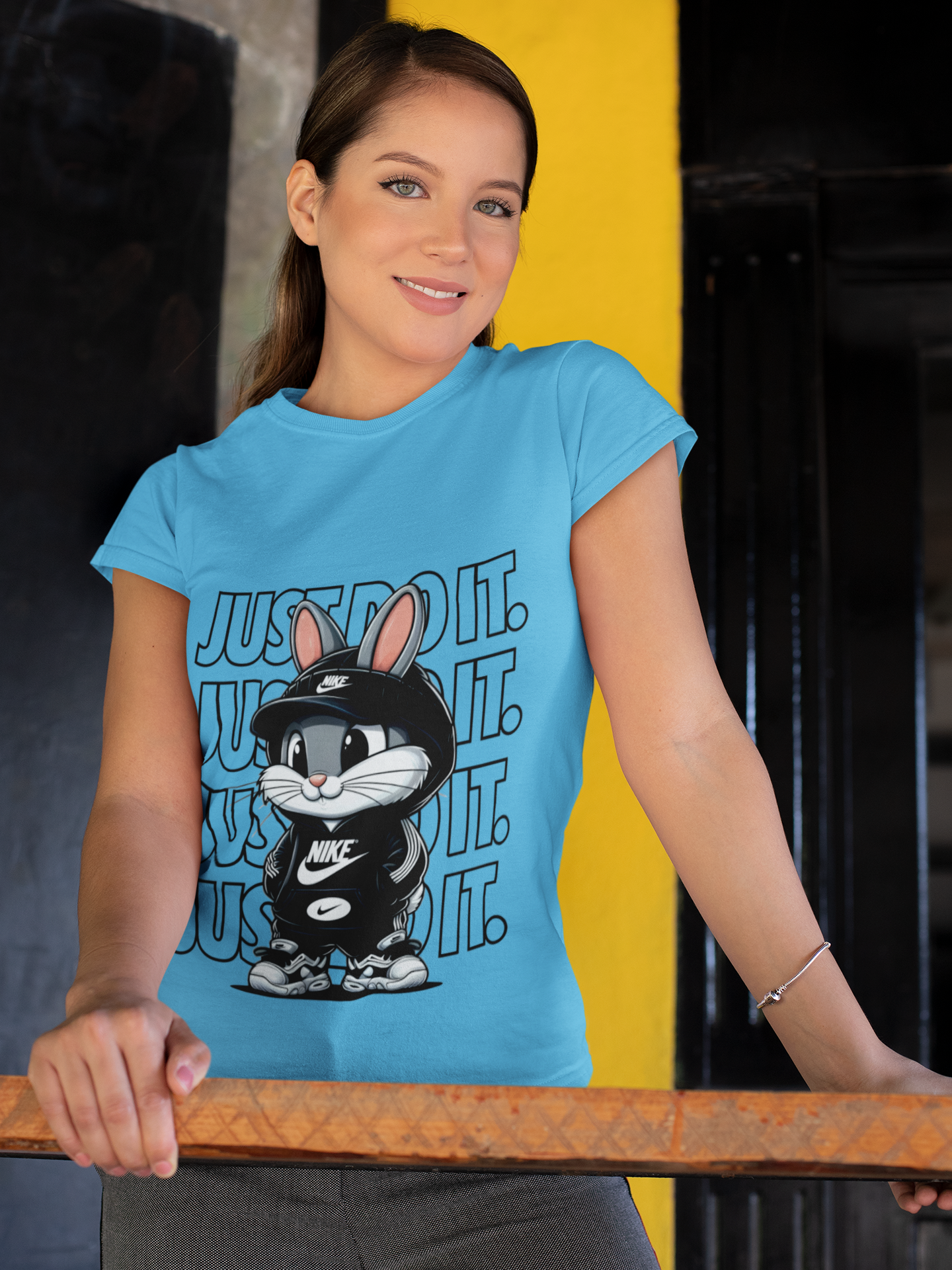 Adorable Sky Blue Tee – ‘Just Do It’ with Playful Bunny Design