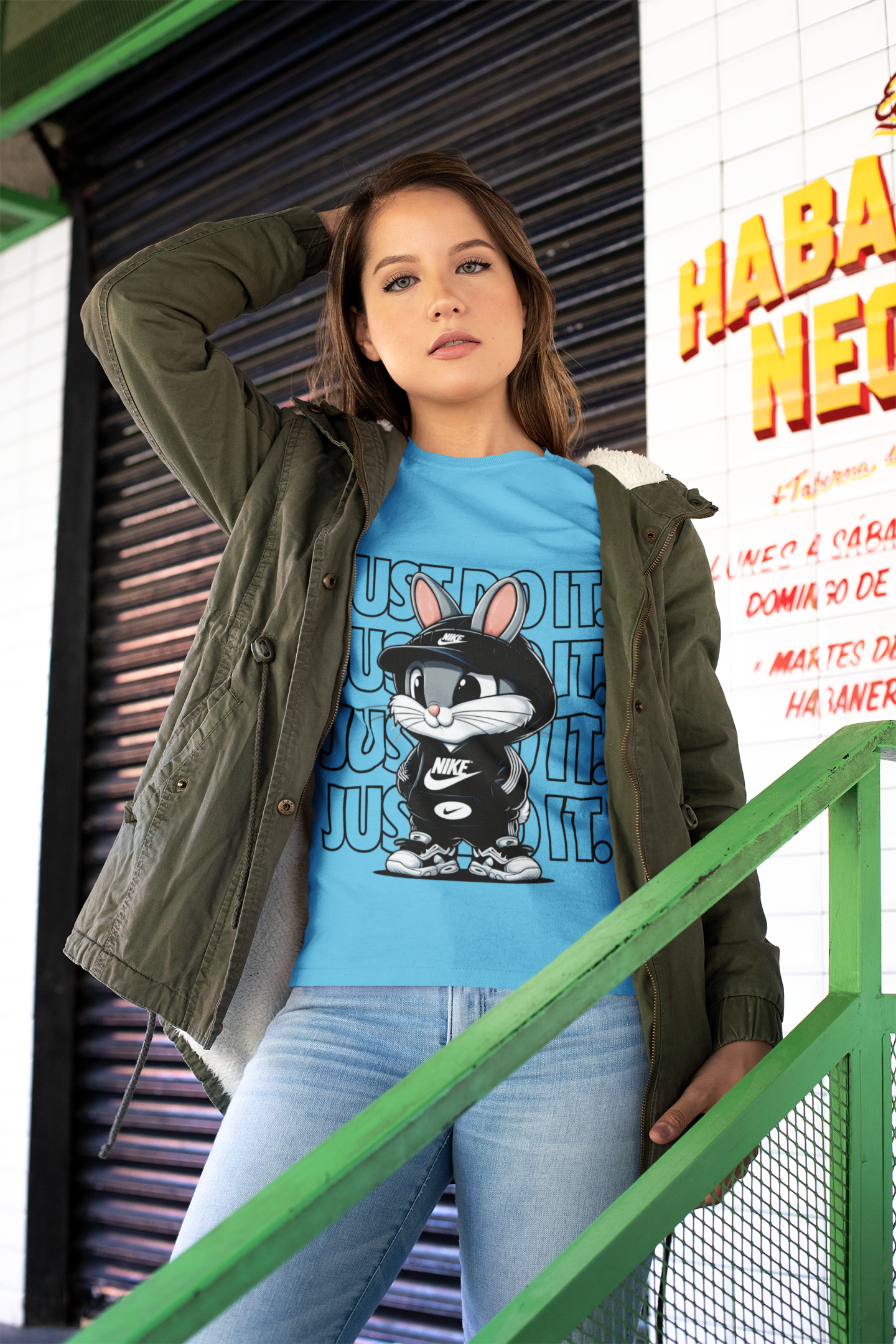 Adorable Sky Blue Tee – ‘Just Do It’ with Playful Bunny Design