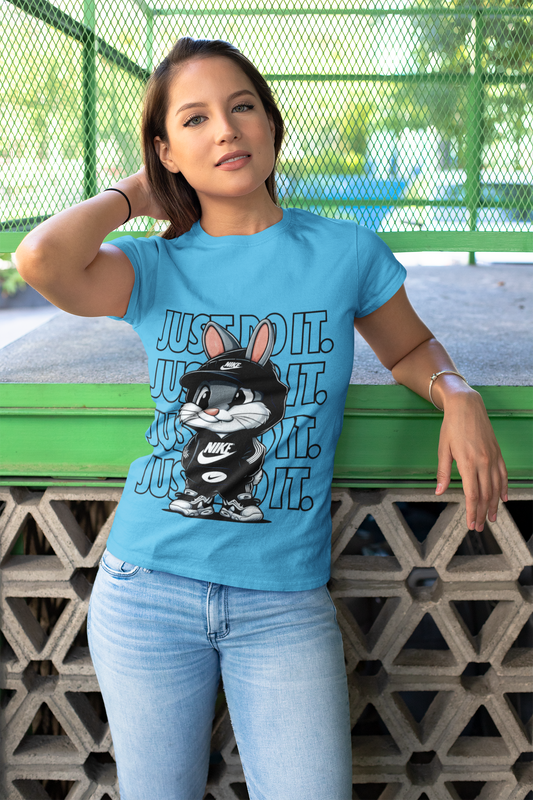 Adorable Sky Blue Tee – ‘Just Do It’ with Playful Bunny Design