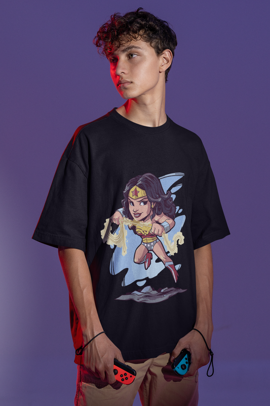 Wonderfully Cute: Black Oversized Chibi Wonder Woman Tee