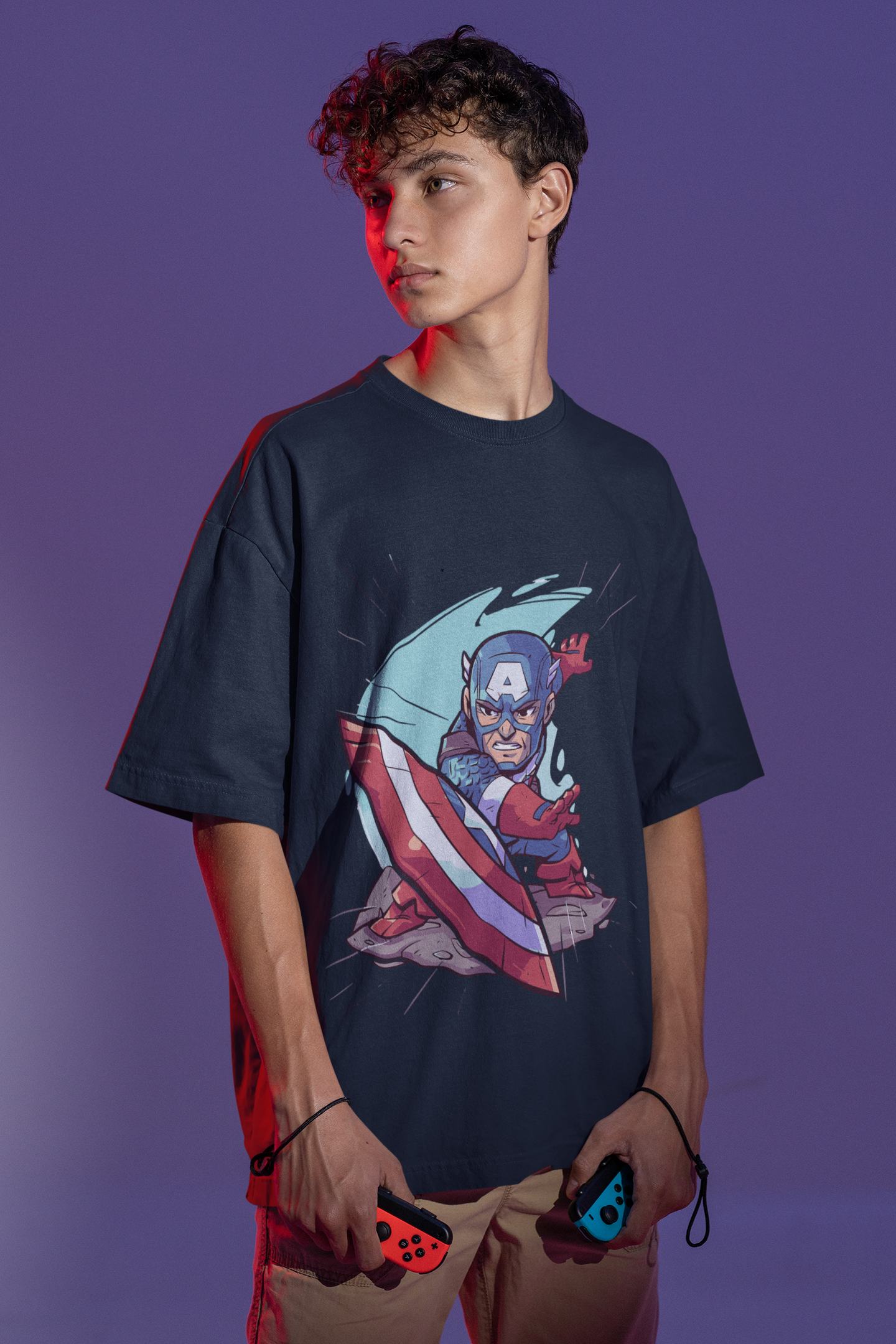 Navy Blue Oversized Unisex T-shirt With Captain America Chibi